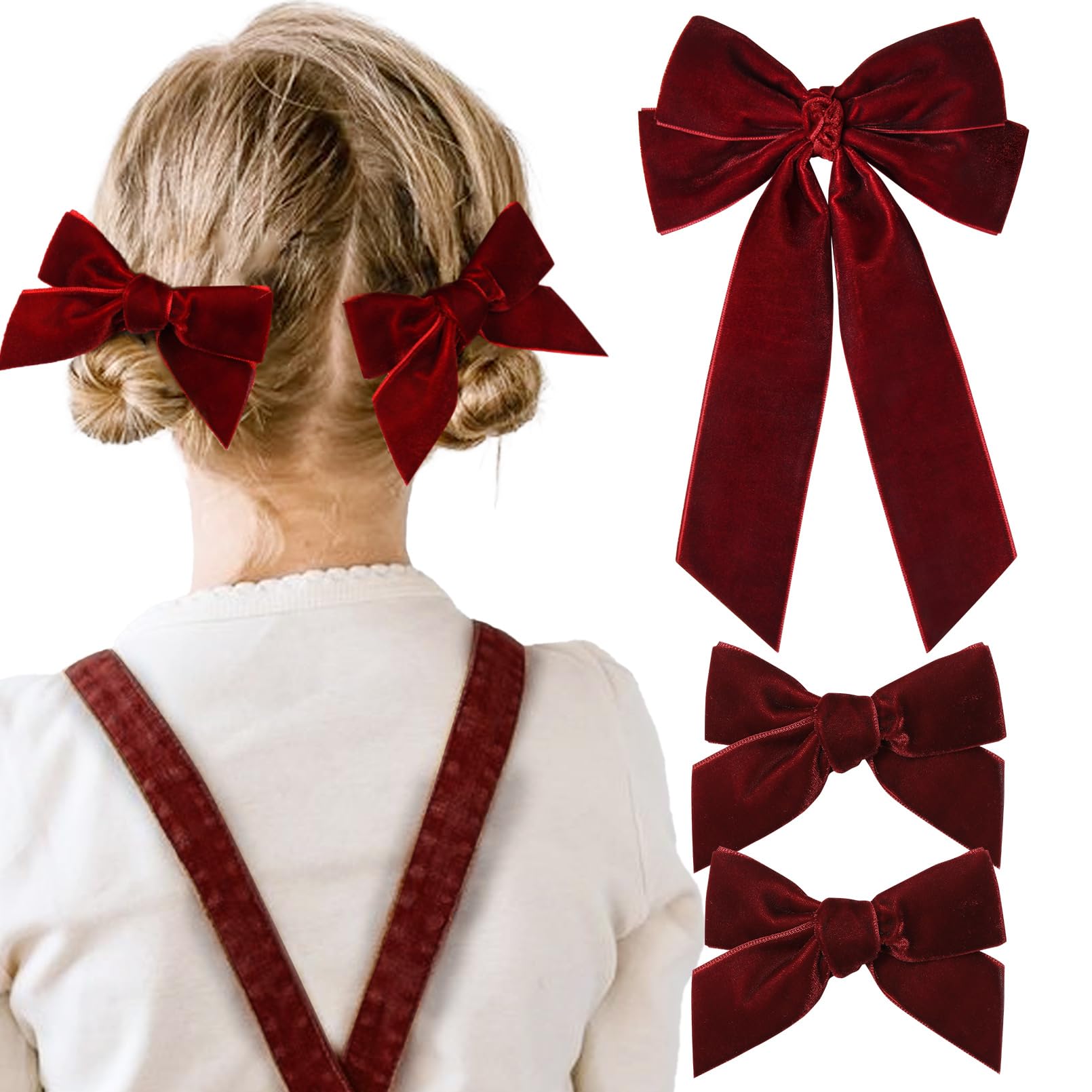3 PCS Velvet Bows Hair Clip Ribbon Red Accessories Ponytail Holder Hair Bow for Women Girls Toddlers Teens Kids