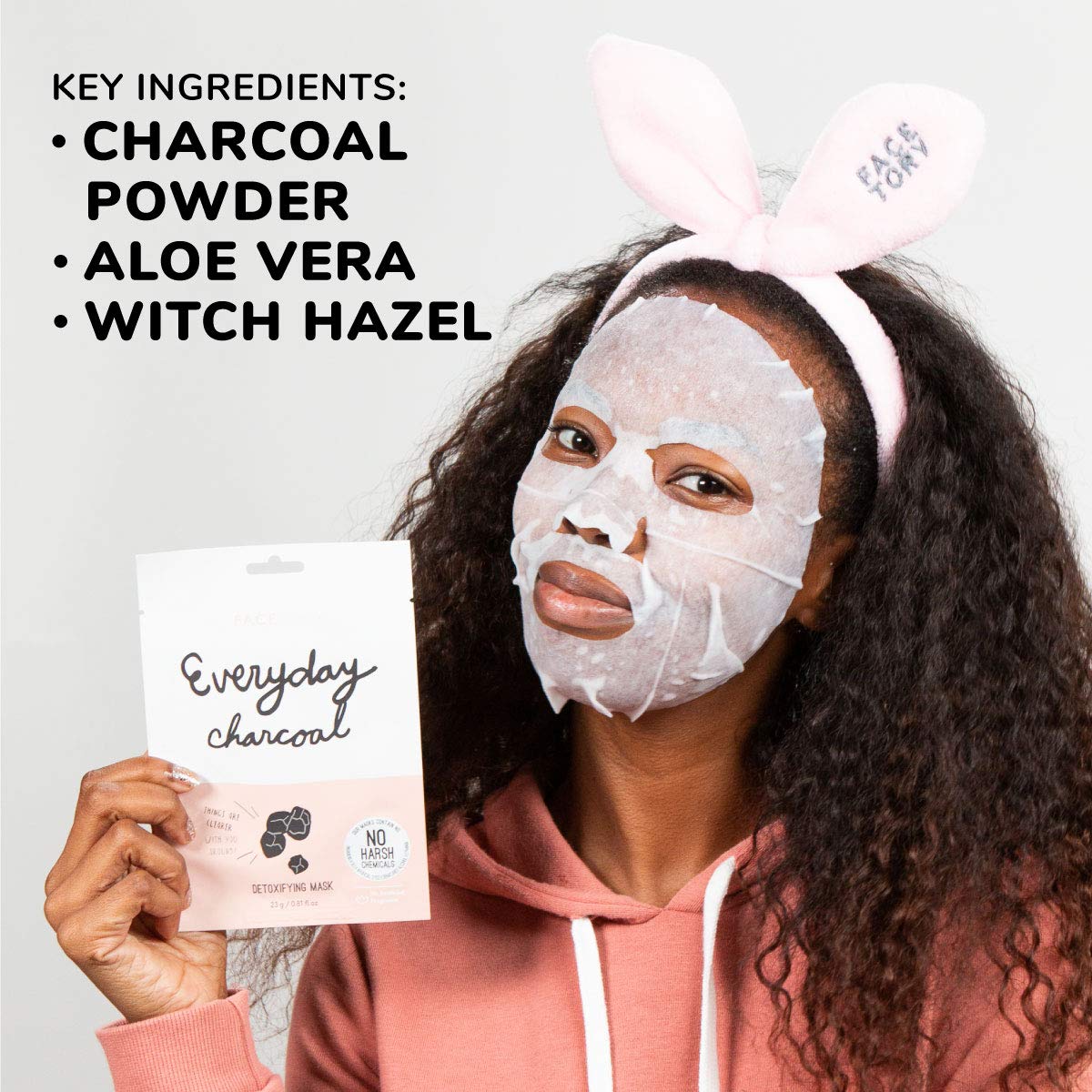 Facetory K Beauty Face Mask Skin Care - Everyday Charcoal Detoxifying Sheet Mask | Plant-Based Charcoal Face Mask (5 Pack)