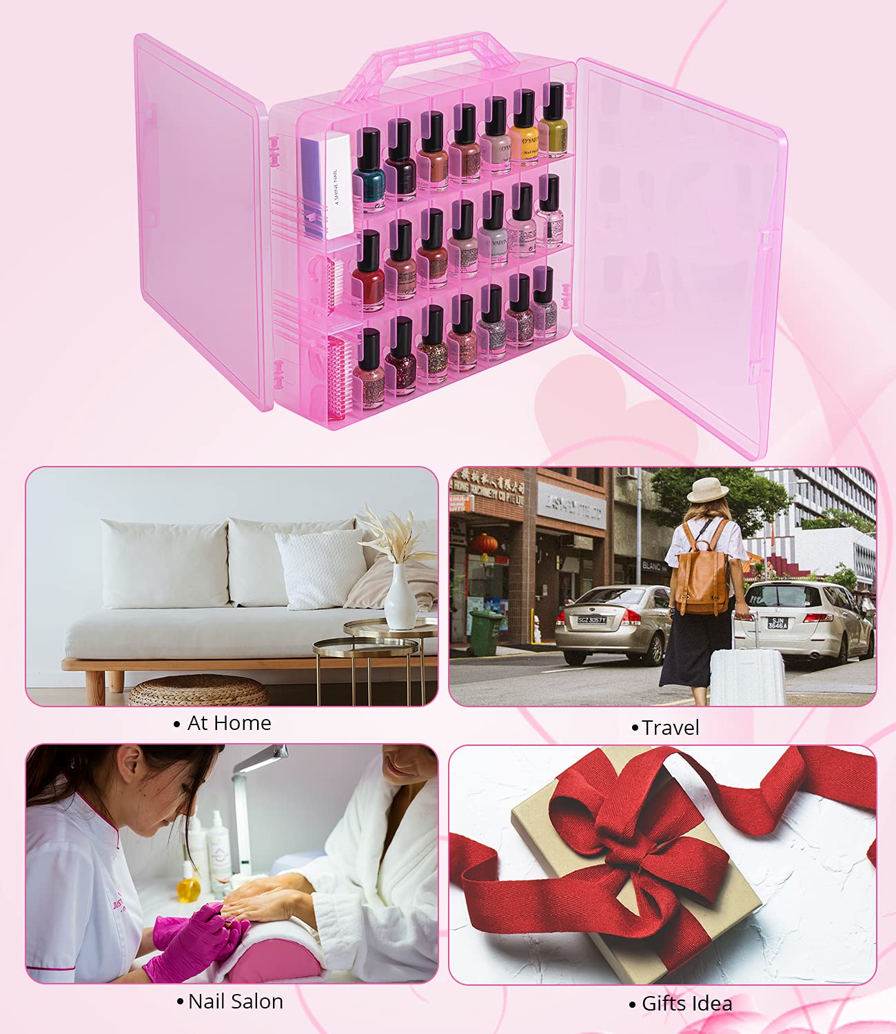 Dreamgenius Nail Polish Organizer Case For 48 Bottles, Double Side Nail Polish Holder With Adjustable Dividers, Portable Nail Po