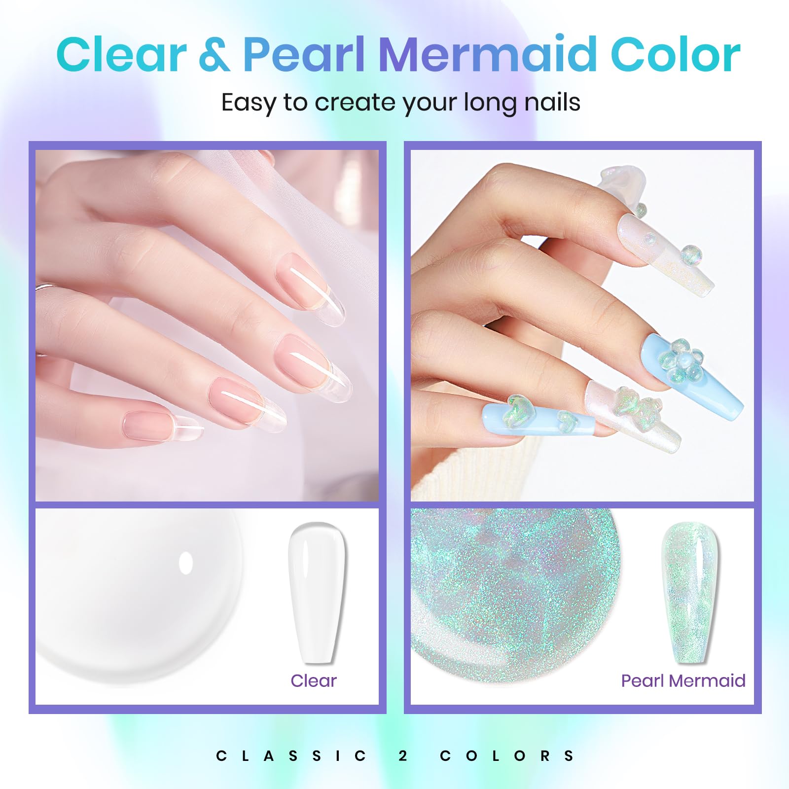 Mizhse Solid Builder Gel For Nails - 2Pcs 1Oz Mermaid Pearl & Clear Hard Gel For Nails Kit With Nail Forms 3D Silicone Mold Soak