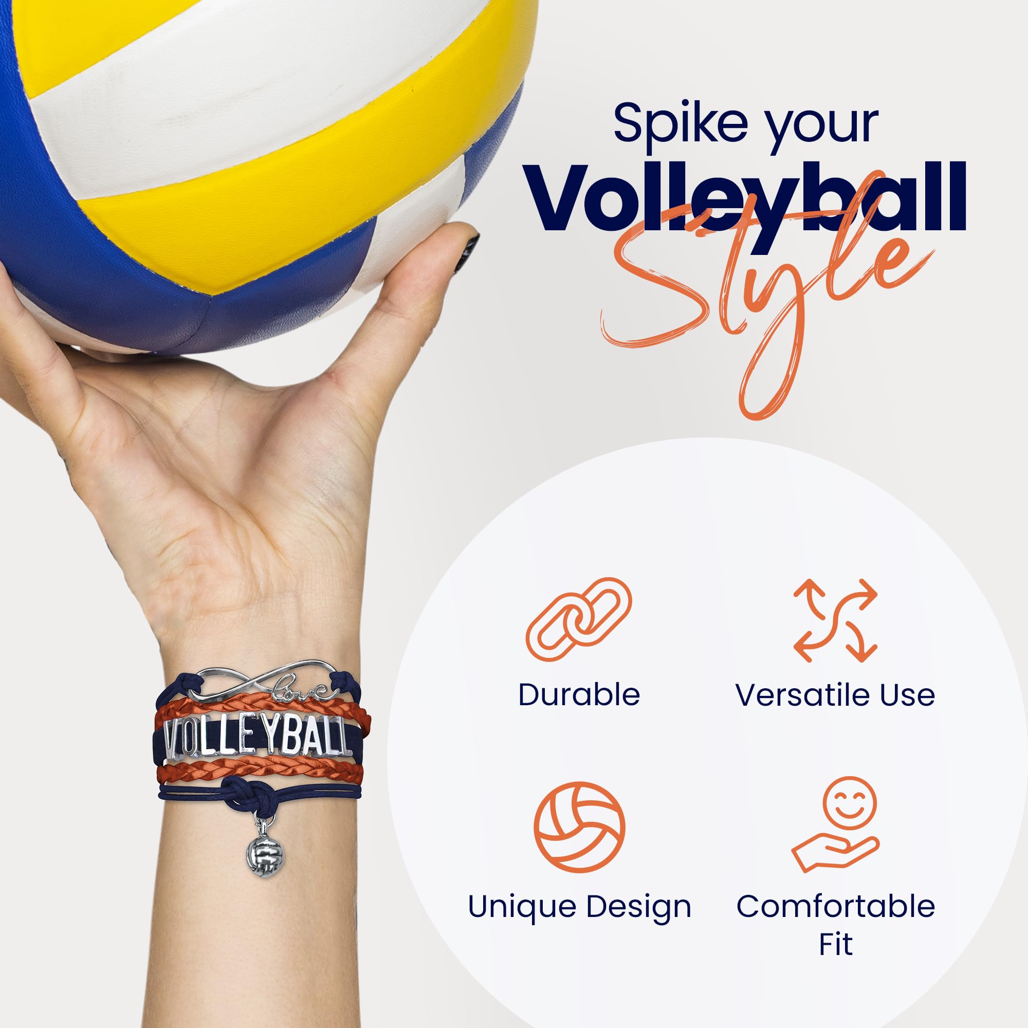 Sportybella Volleyball Bracelet, Navy and Orange Adjustable Infinity Love Charm Bracelet, Volleyball Jewelry and Accessories, Gi