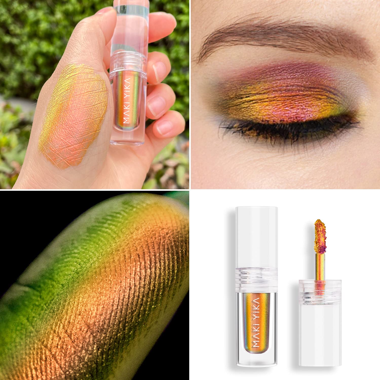 Maki Yika Glitter Eyeshadow Gold Liquid Multichrome Eyeshadows Long Lasting Metallic Chameleon Eye Shadow Smudgeproof Holographi