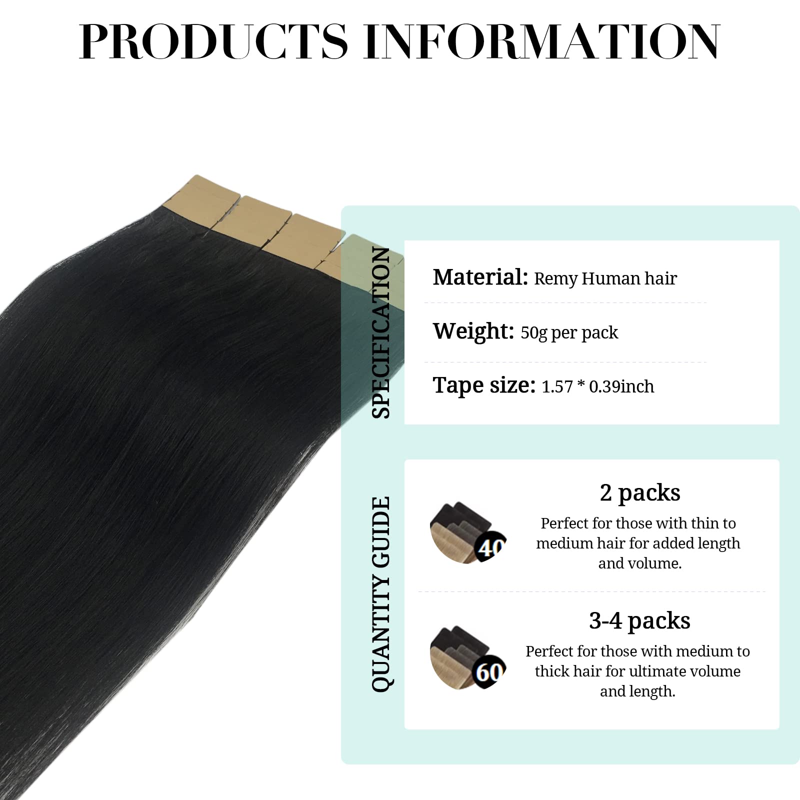 Doores Tape In Hair Extensions Human Hair, 18 Inch 50G 20Pcs Jet Black, Human Hair Extensions Tape In Remy Straight Hair Extensi