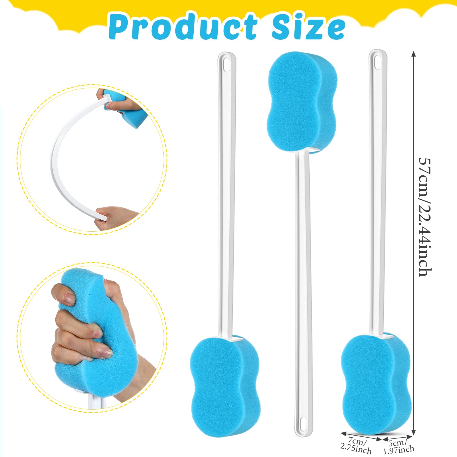 Norme 3 Pcs 22.4 Inch Long Handle Back Bath Sponge Lightweight Sponge On A Stick Body Cleaning Handled Washer Scrubber For Foot