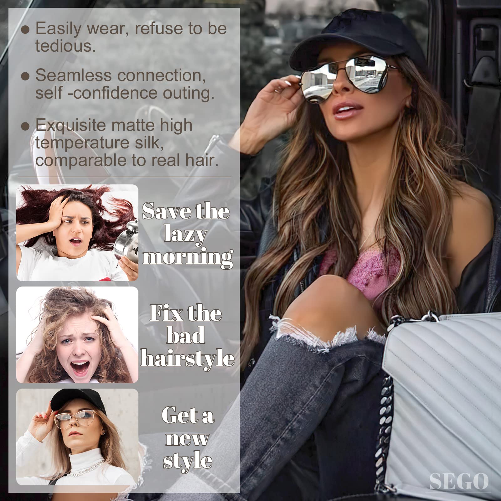 Sego Baseball Cap With Hair Extensions For Women Heat Resistant Synthetic 16'' Adjustable Long Wavy Hairpiece Replacement Wigs I