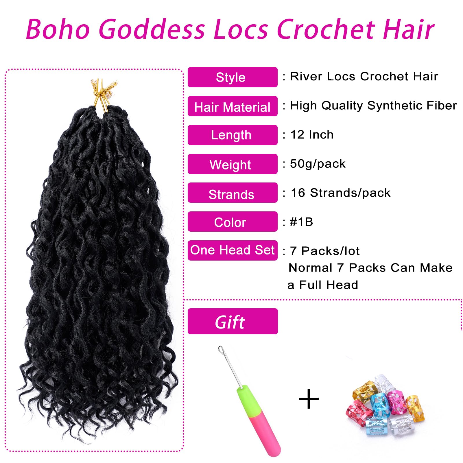 Goddess Locs Crochet Hair 12 Inch 7 Packs Boho Faux Locs Crochet Hair for Black Women Pre Looped Crochet Locs with Curly Ends (#