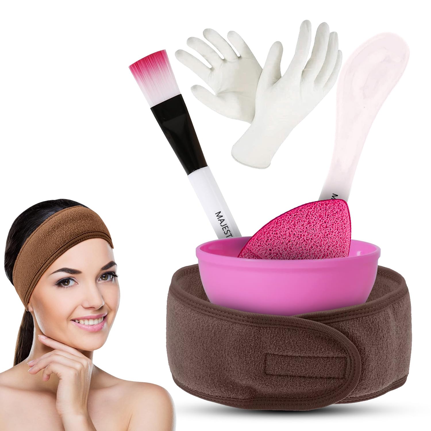 Majestique 6In1 Face Pack Applicator Kit | Mask Brush, Mixing Bowl, Spatula, Facial Headband, Scrubber & Gloves | AllInOne S