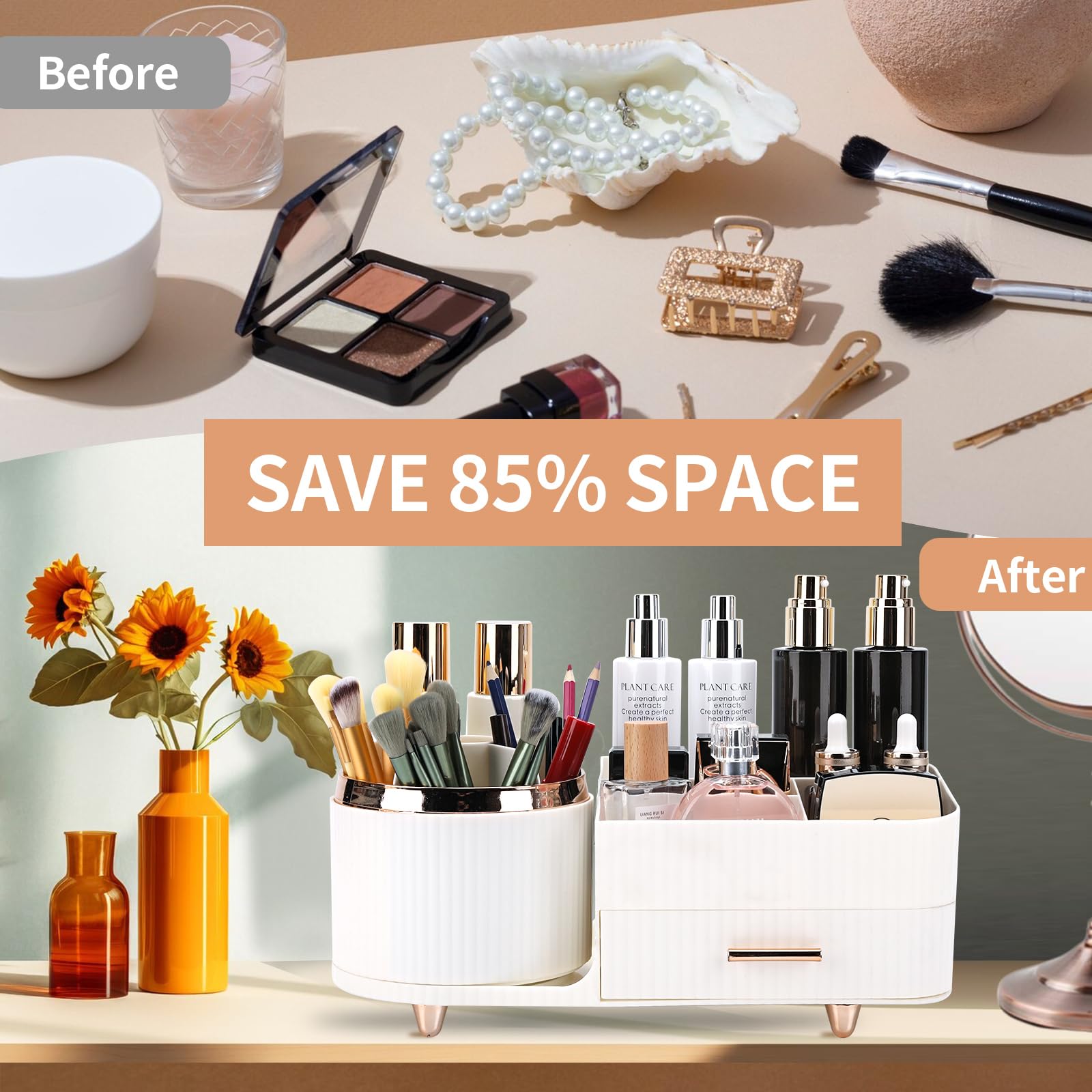 Beborxue 360 Rotating Makeup Organizer For Vanity With Drawers, Large Capacity Cosmetic Display Case, Skincare Organizer, Cosmet