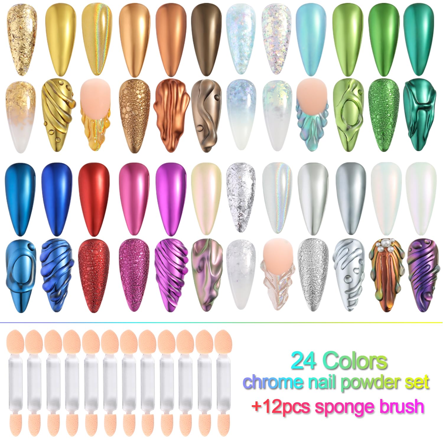 Fcozpjk Chrome Nail Powder Set 24 Colors, Mirror Effect Gold Silver Chrome Glitter Powder White Pearl Chrome Powder Iridescent P