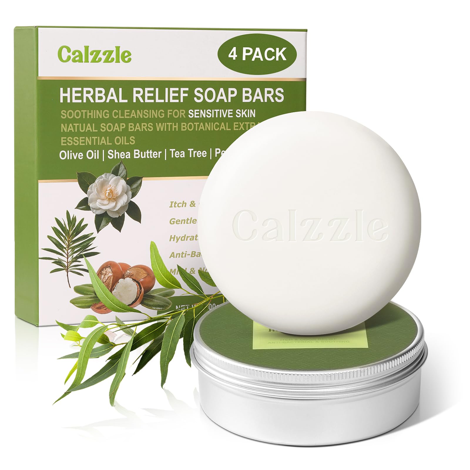 Calzzle 4 Pcs Herbal Soap Bar with Tea Tree Oil, Olive Oil & Organic Shea Butter - Natural Handmade Soap for Women & Men, Gentle