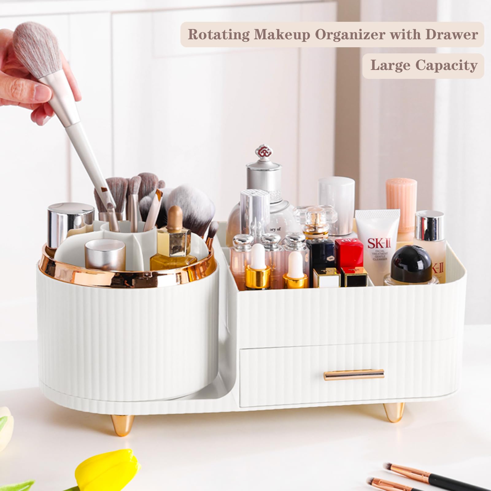 Rotating Makeup Organizer for Vanity with Brush Holder and Drawer, Cosmetic Makeup Storage, Large Spinning Makeup Skincare Organ