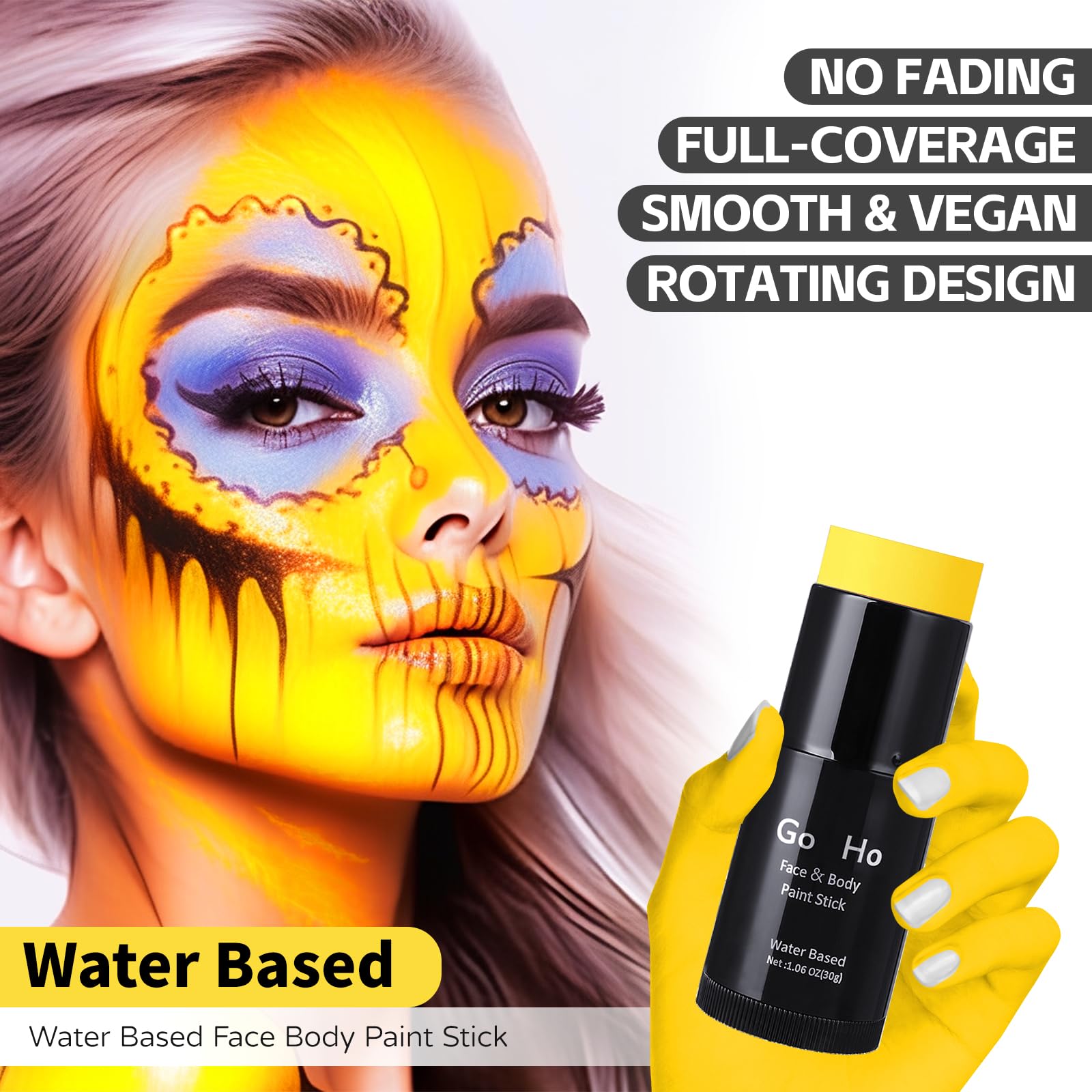 Go Ho Yellow Face Body Paint Stick,Water Based Washable Yellow Face Paint Stick,Non-Toxic Full-Coverage Cream Yellow Body Paint