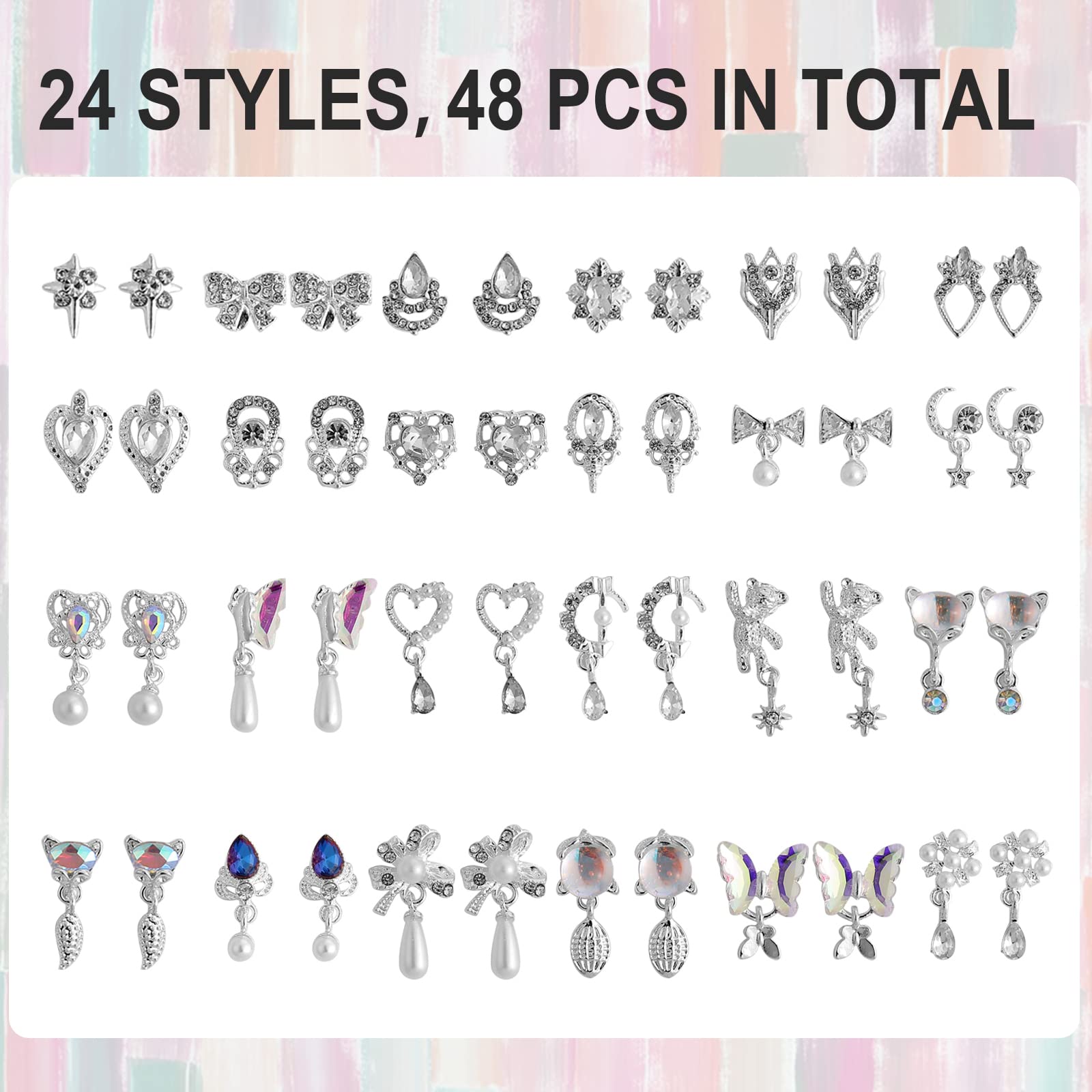 48 Pcs Dangle Nail Charms Luxury Rhinestones For Nails Heart Charms Silver Nail Gems Crystal Metal Nail Diamonds Stones For 3D N