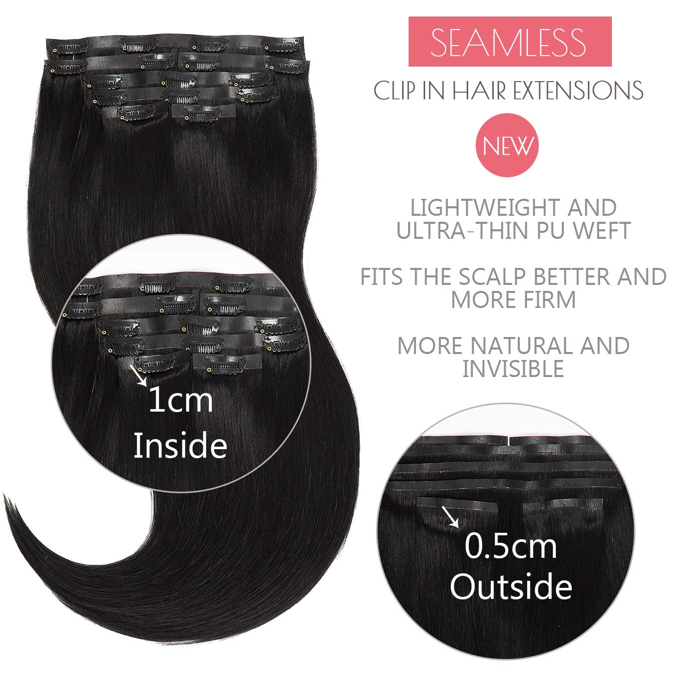 Loxxy Remy Human Hair Extensions Seamless Clip in Hair Extensions 18inch Off Black 110gram 7 Pcs Thick Hair Extensions Clip in W