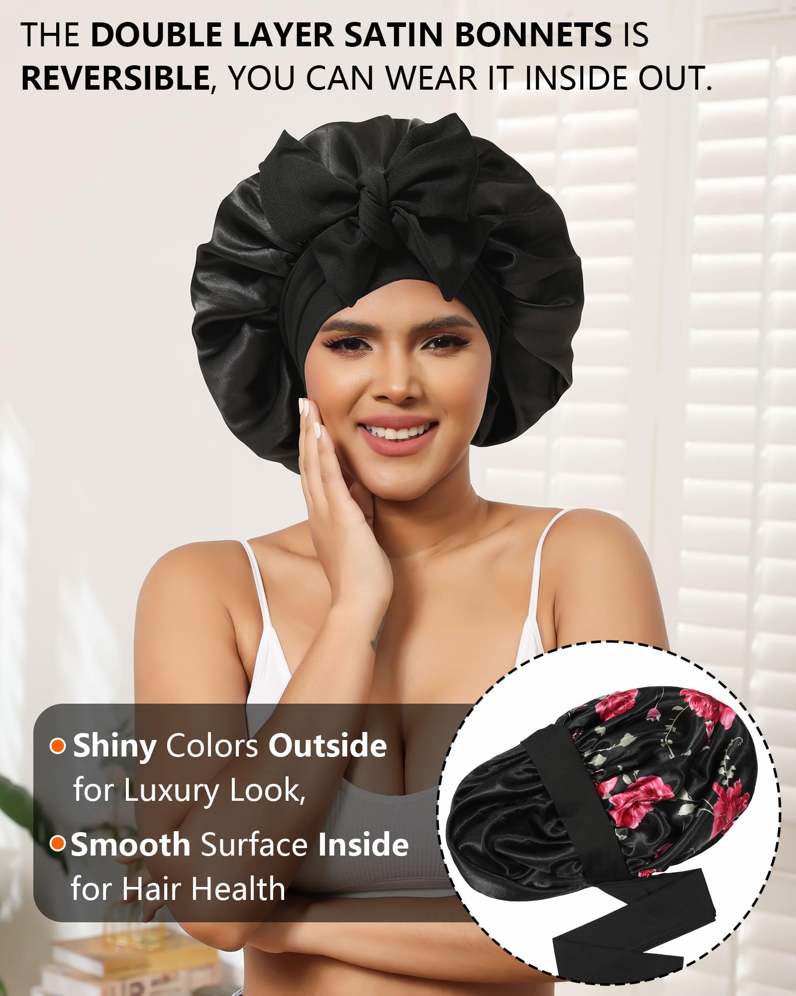 Satin Bonnet Silk Bonnet For Sleeping Women Hair Bonnet For Curly Hair Sleep Cap Reversible Double Layer Bonnet With Tie Band (B