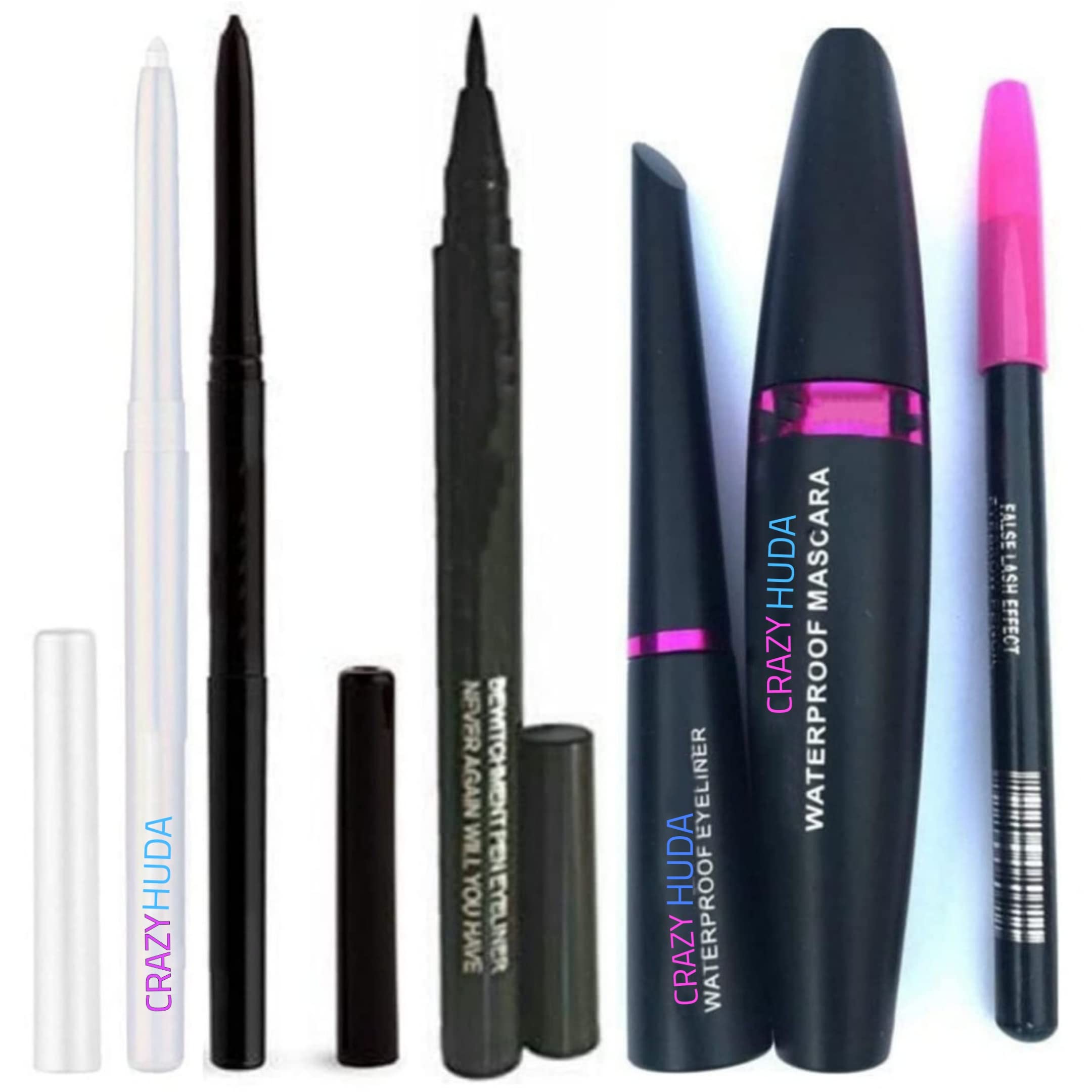 Crazy Huda Liquid Liner & Liquid Mascara Pencil Kajal With White & Black Kajal + Waterproof Sketch Liner (Set Of 6)
