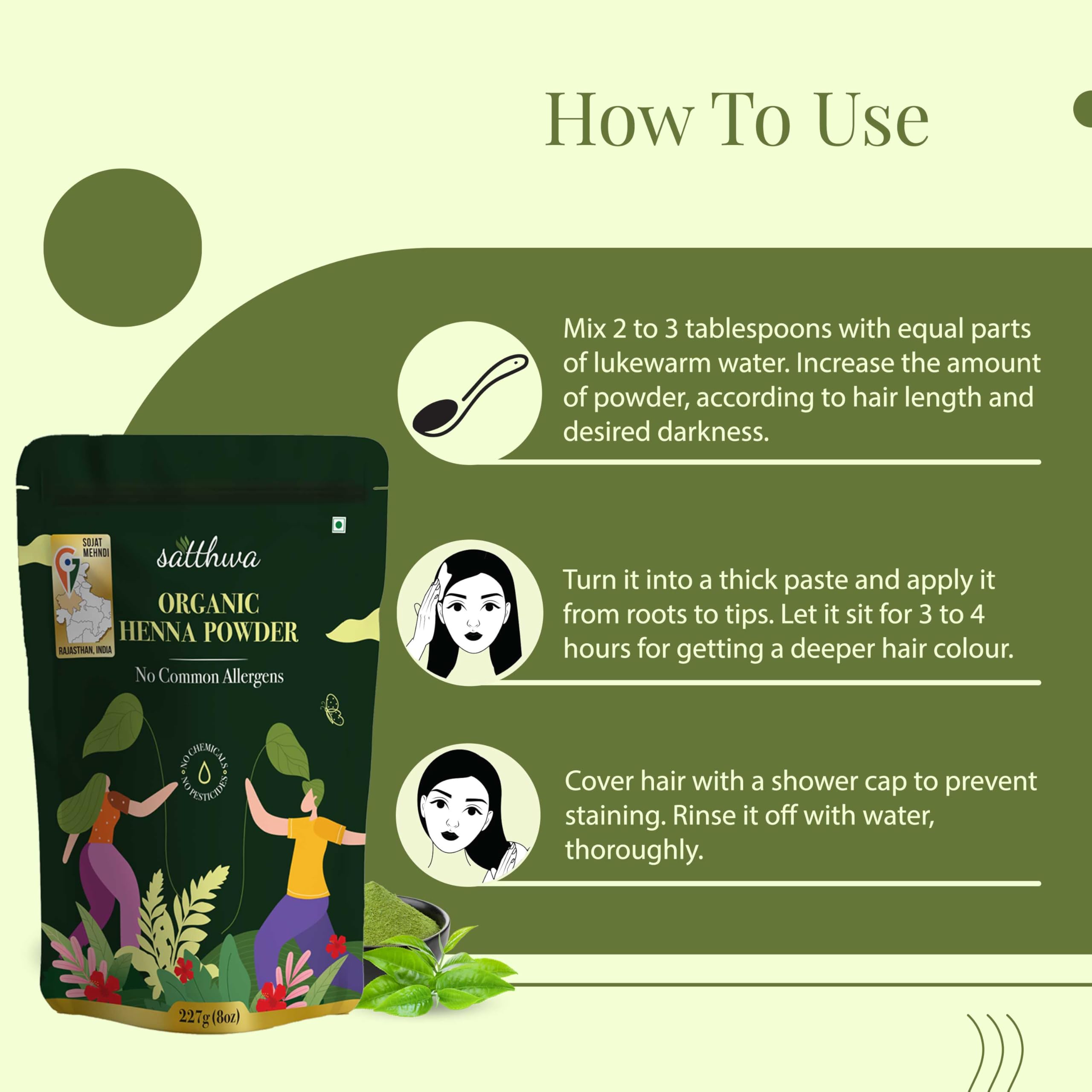 Satthwa Organic Henna Powder (Mehndi Powder)| 227gm (8oz) | 100% Pure and Natural Lawsonia Inermis | Henna for Cools Scalp, Nour