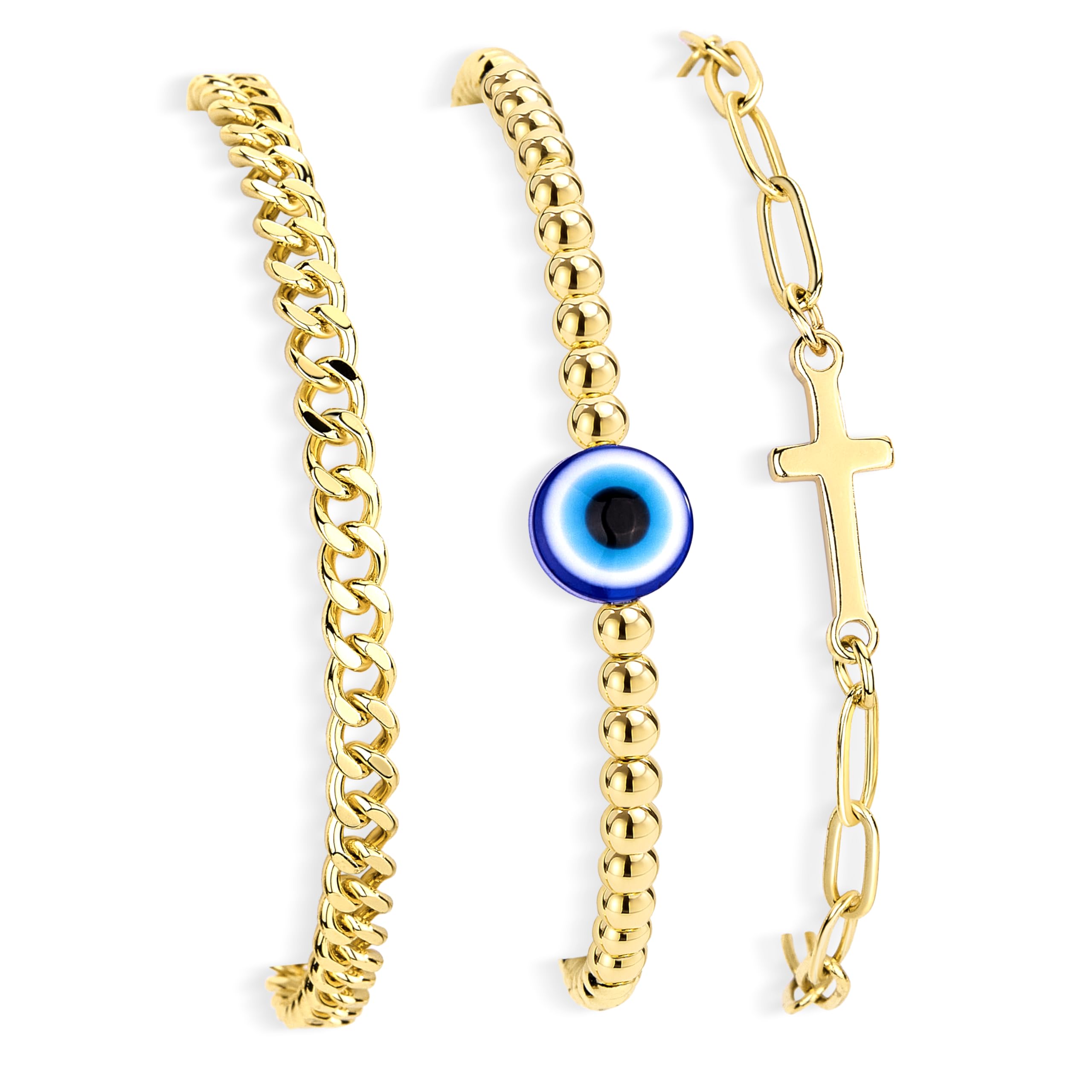 Gold Bracelet for Women, Dainty 14k Gold Filled Bracelets Set Adjustable Stretch Beaded Cuban Cross Bracelet Stack WaterProof Je