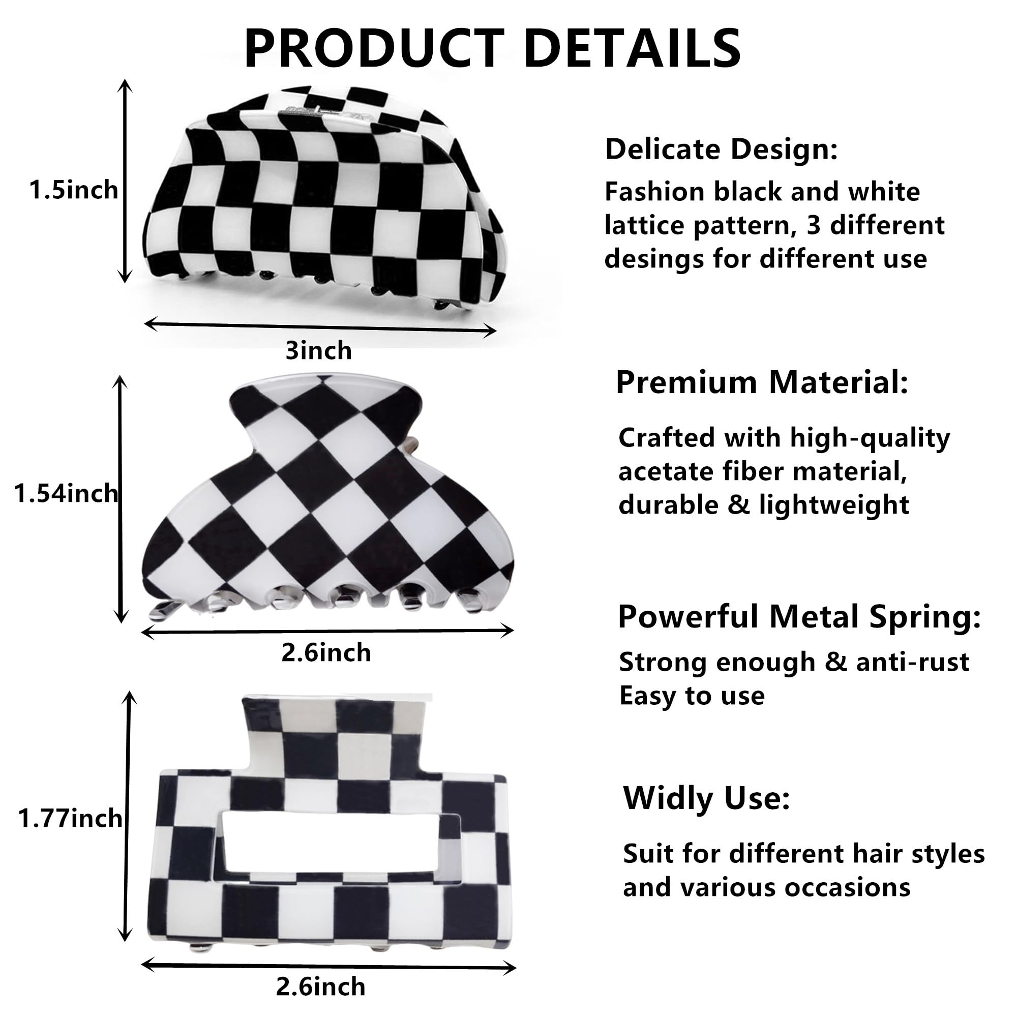 Womens Checkered Hair Clip Medium Checkered Claw Clips Black And White Jaw Clip,3Pack