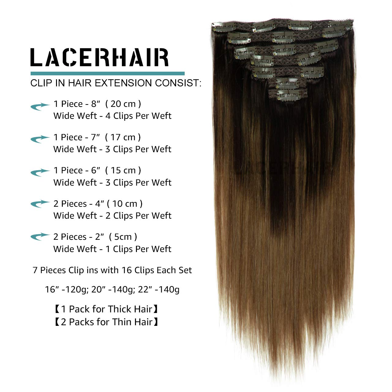 Lacer Clip In Hair Extensions Human Hair Ombre Darkest Brown #2 To Chestnut Brown #6 Real Hair Extensions Clip In Human Hair Str
