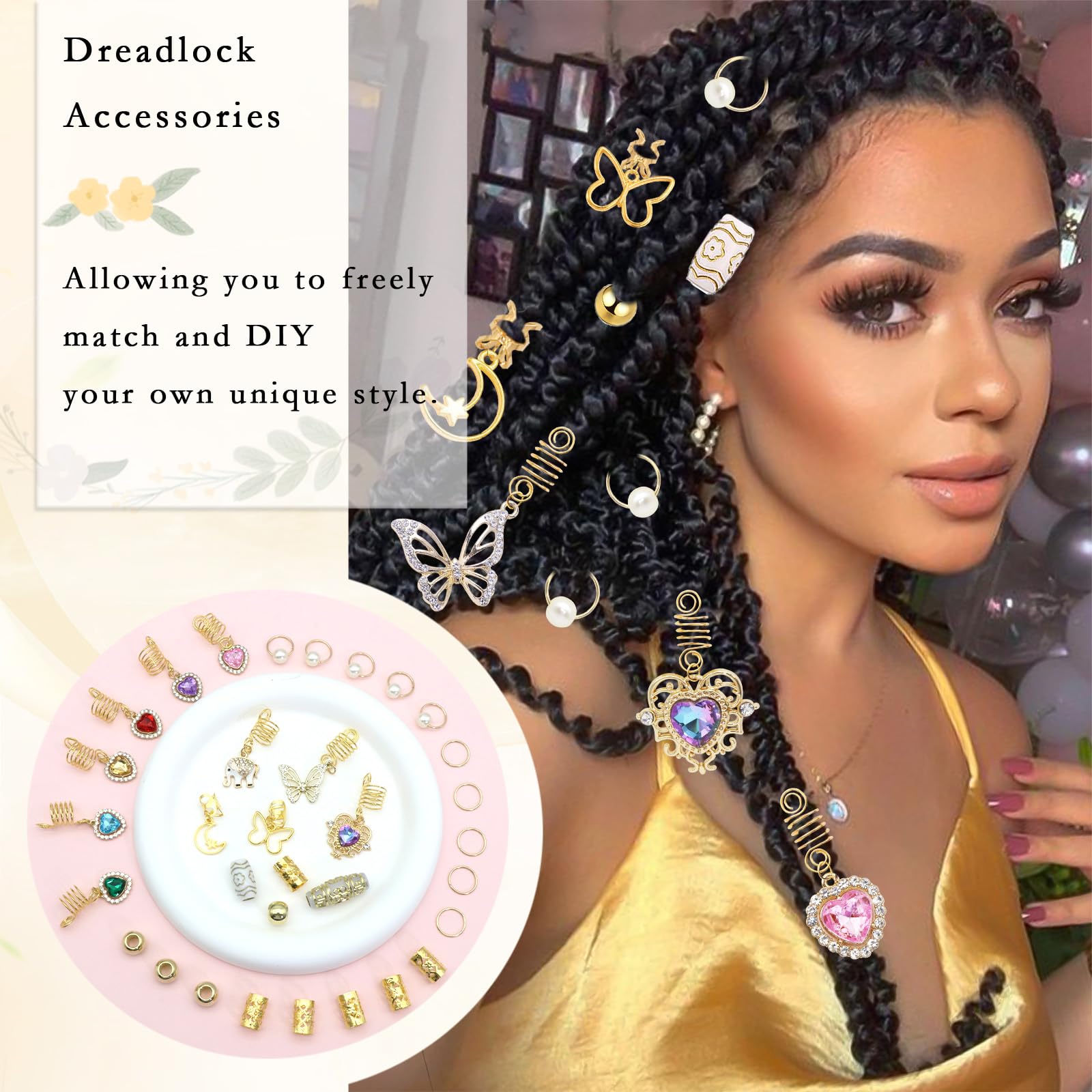 NAISKA 140Pcs Gold Hair Jewelry for Braids Rhinestone Dreadlocks Accessories Butterfly Braid Clips Crystal Hair Pendant Gold Hai