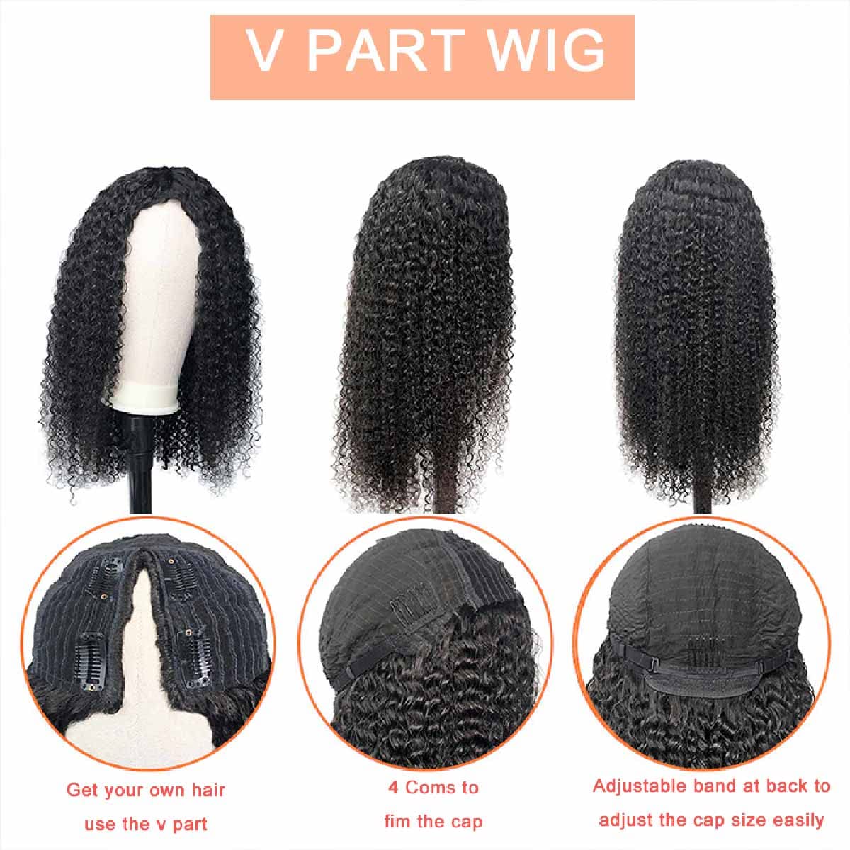 Domiso V Part Wig Human Hair Glueless Upgrade U Part Human Hair Wig 180% Density Kinky Curly Wigs For Women No Leave Out No Glue