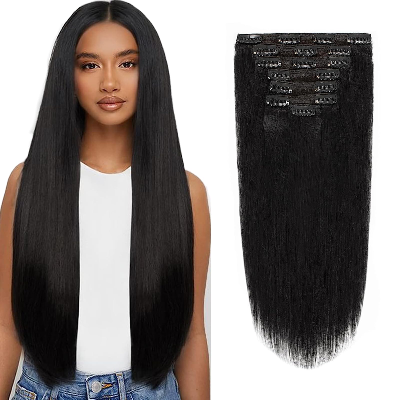 100% Real Human Hair Clip In Hair Extensions Yaki Straight Remy Virgin Hair Clip Ins Italian Thick Straight Full Head Jet Black 