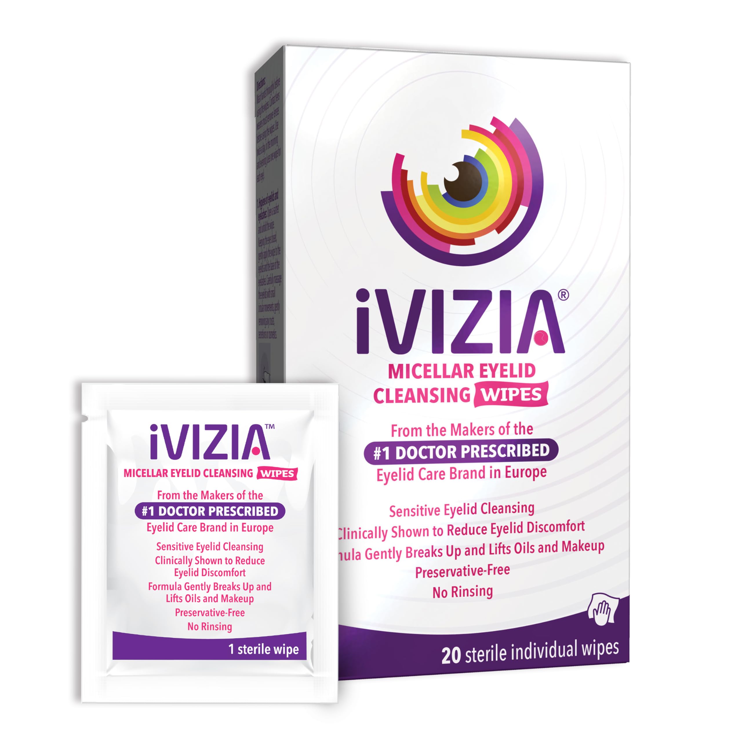 Ivizia Eyelid Cleansing Wipes For Sensitive Eyelid Cleansing, Preservative-Free, Micellar, No Rinse, Gentle Eye Makeup Remover,