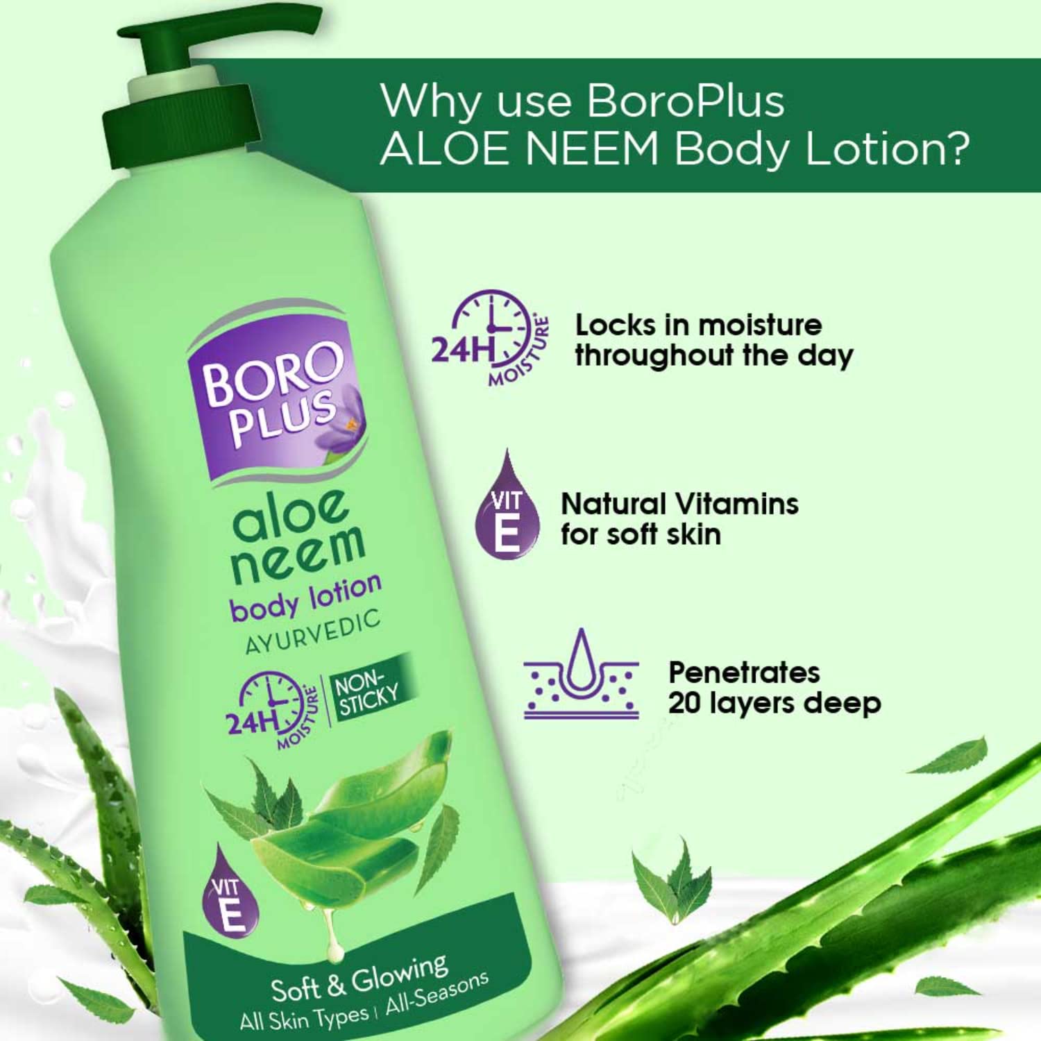 BOROPLUS Aloe Neem Body Lotion | Lightweight, Non-Greasy Moisturizer for Very Dry Skin | 24-Hour Hydration with Aloe Vera & Neem