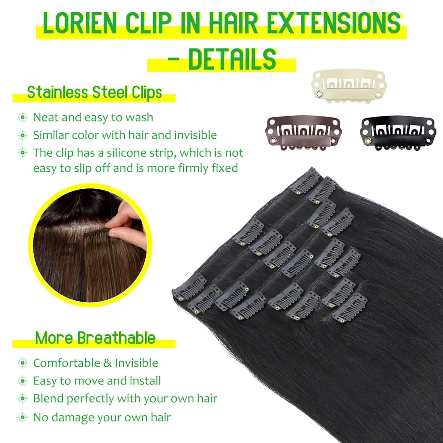 Lorien Clip In Hair Extensions Real Human Hair, 20 Inch 105G, 1 Jet Black, Clip In 100% Brazilian Remy Human Hair Extensions 8Pc