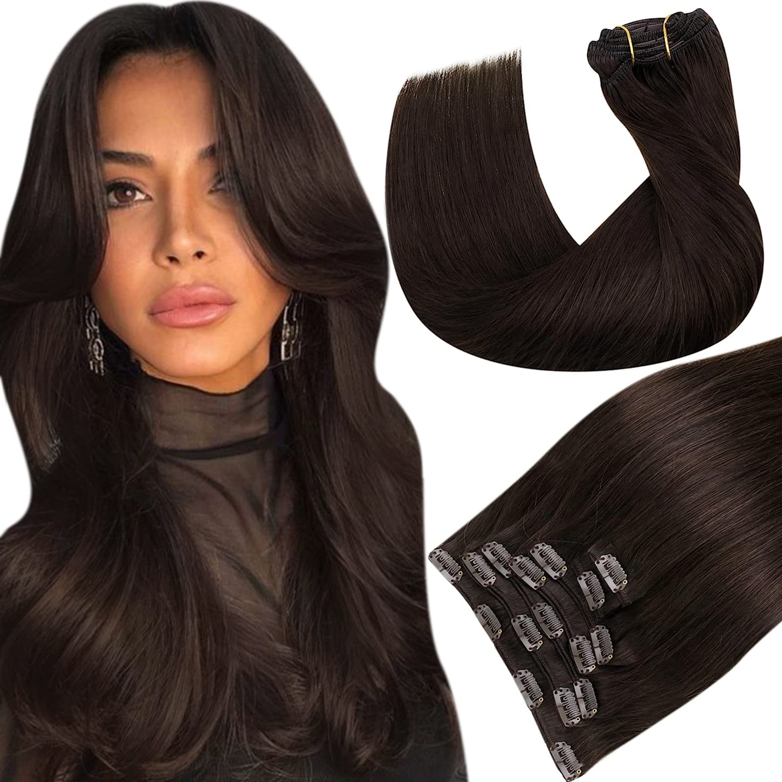 Hetto Clip in Extensions Human Hair #2 Darkest Brown Extensions Clip in Human Hair Straight Clip in Hair Extensions 16 Inch 105g