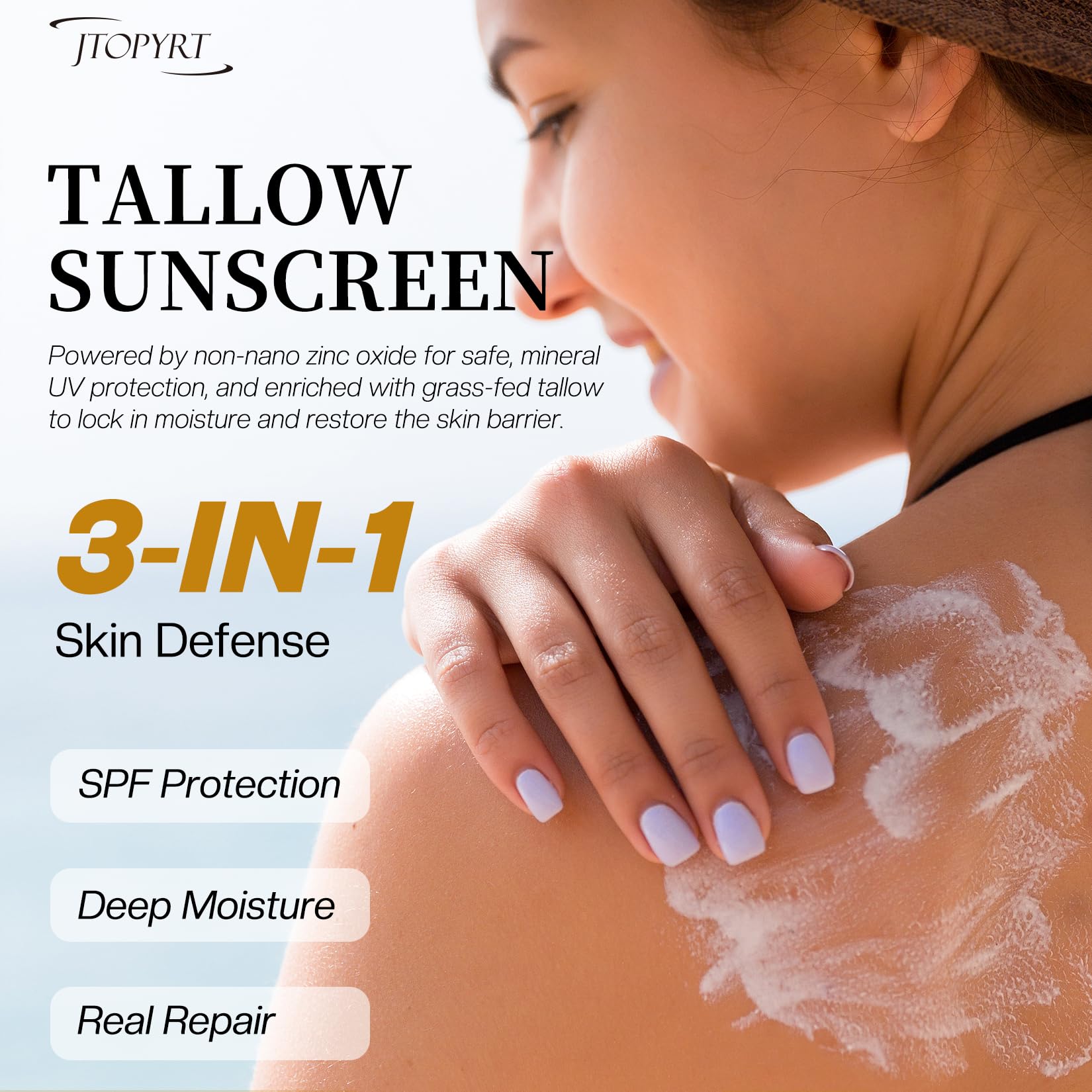 Jtopyrt Beef Tallow Sunscreen: Tallow with Zinc Oxide & Beeswax - Natural Moisturizing Protection for Dry Sensitive Skin & All A