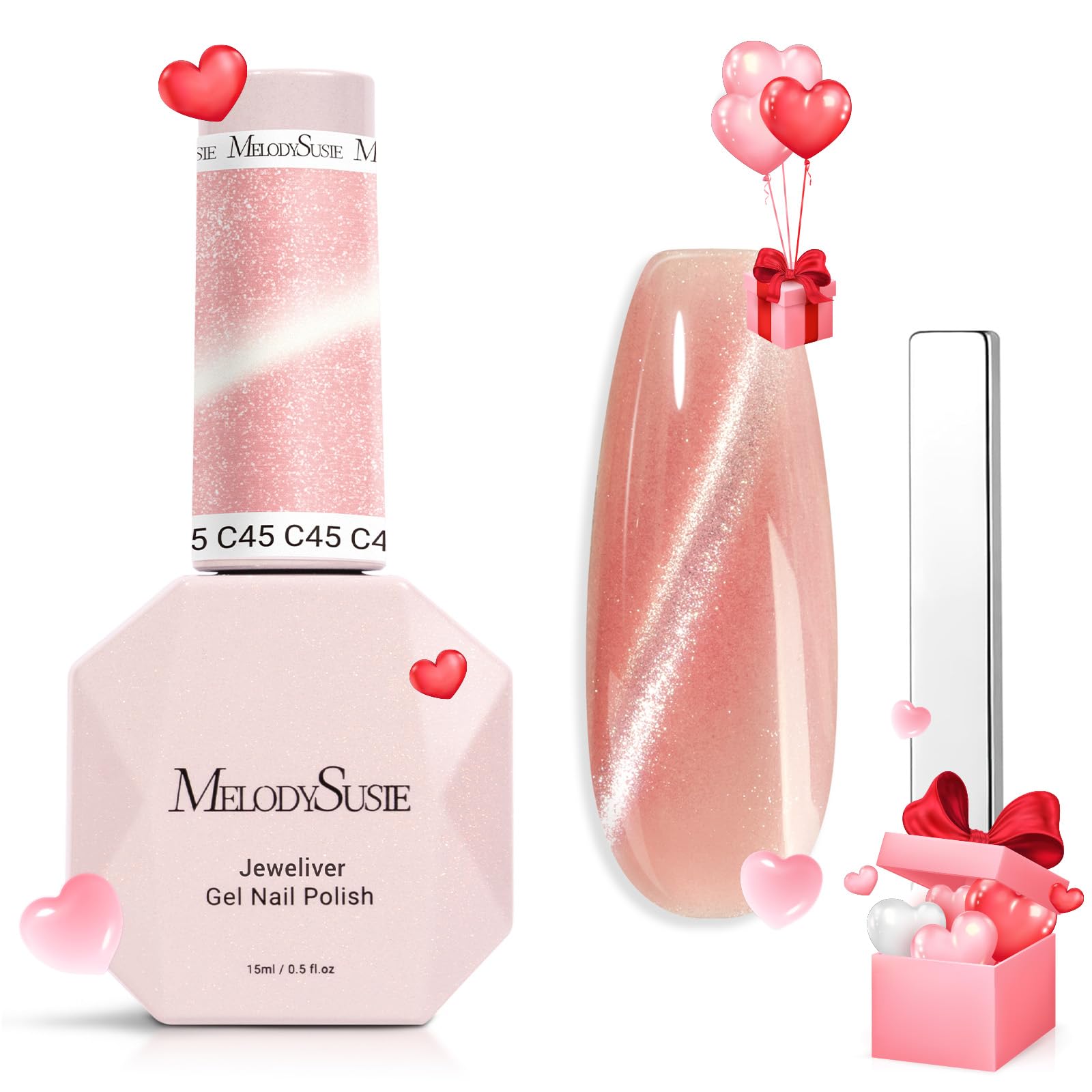 Melodysusie Jeweliver Cat Eye Gel Nail Polish, 0.5 Fl Oz Coral Pink Glitter Holographic Magnetic Nail Polish With Magnet, Uv Nai