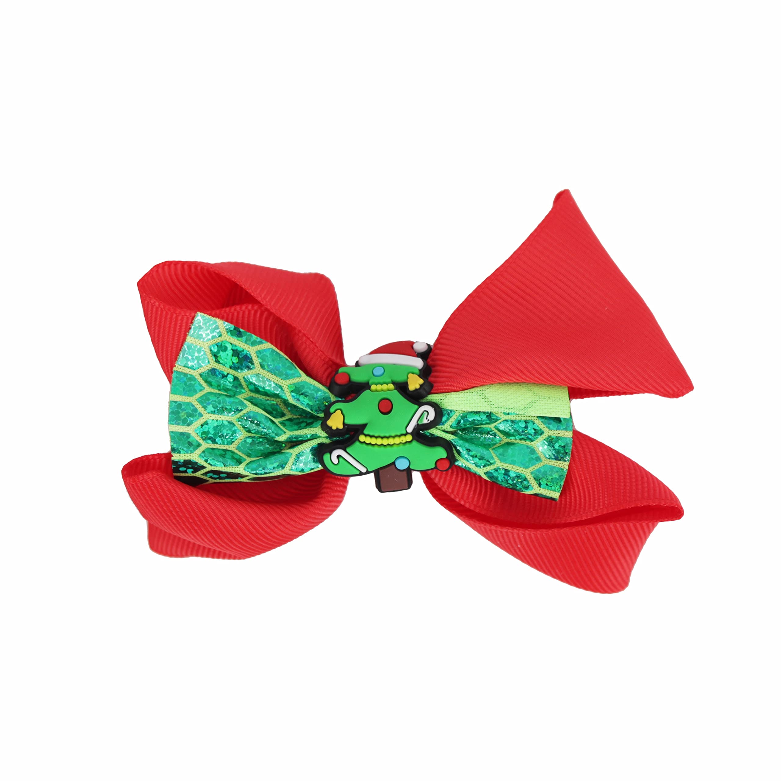 Hair Bow Printed Christmas Bow with Silicone Charm - Green Layer Tree