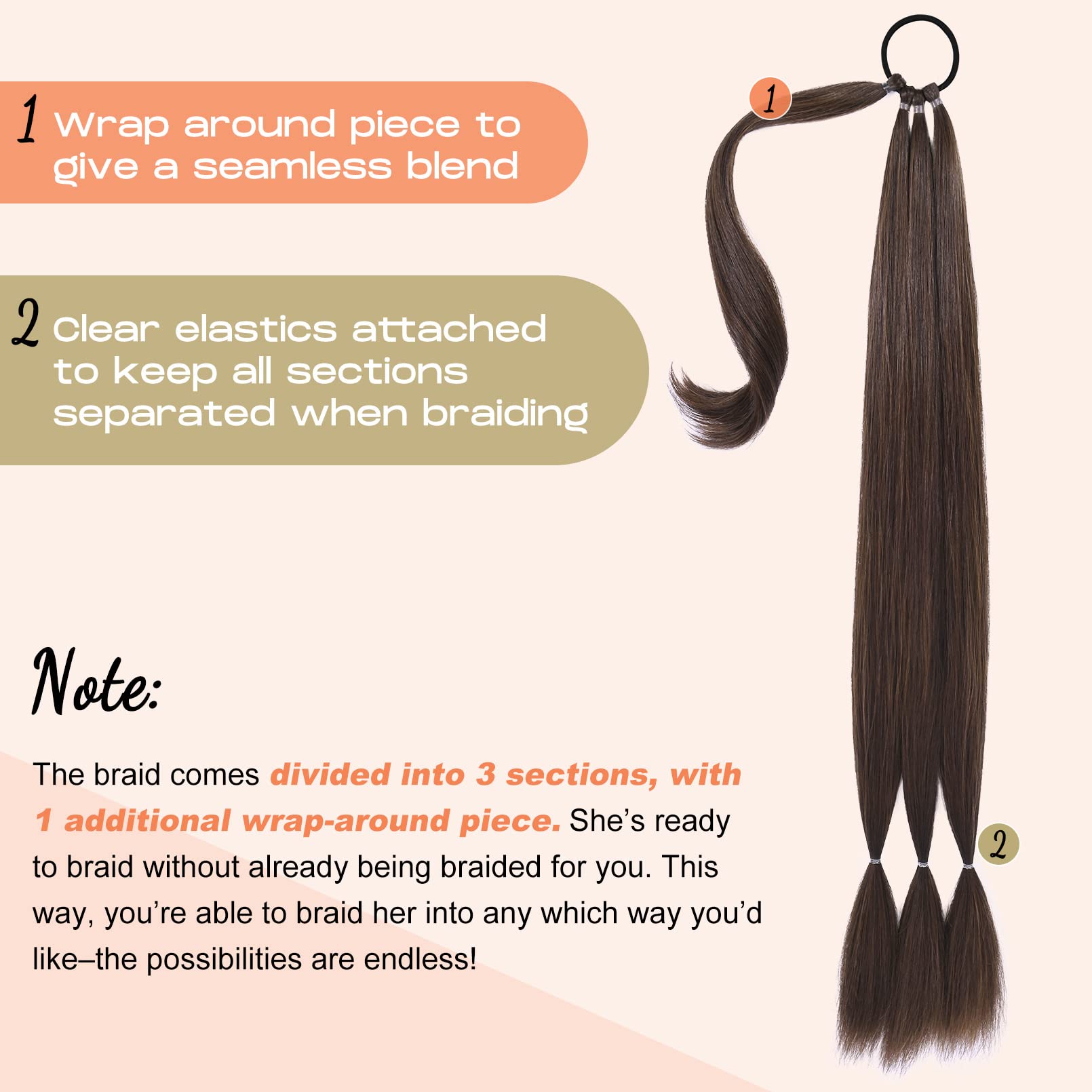 Seikea 2Pcs Long Braid Ponytail Extension With Hair Tie Long Straight Wrap Around Hair Extensions Ponytail Soft Synthetic Hair D