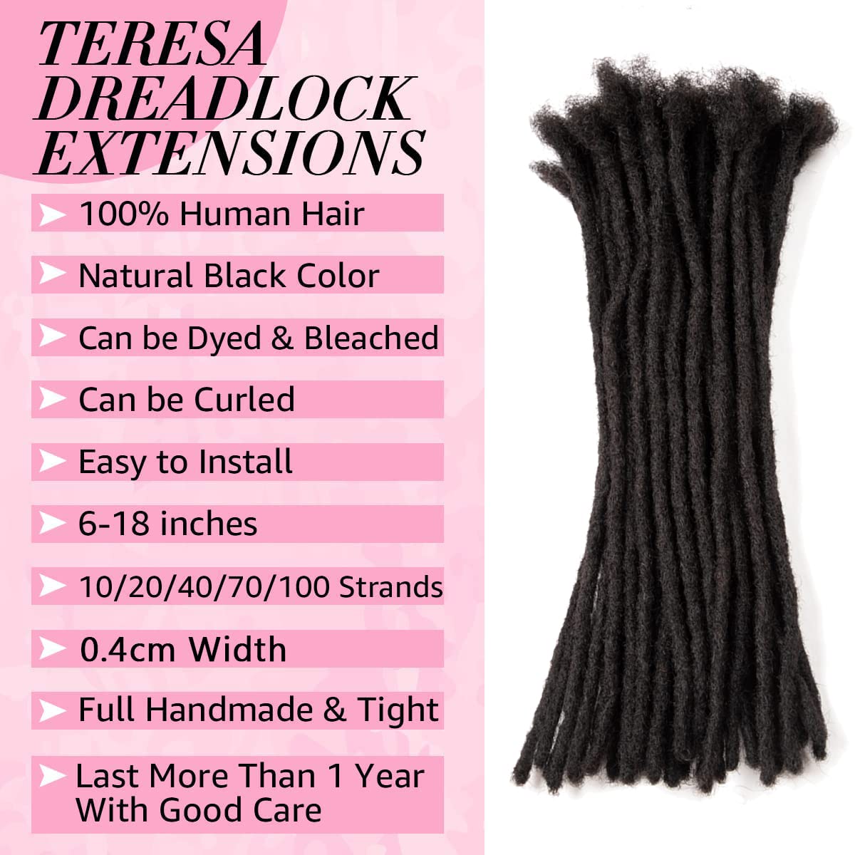 Teresa Small 0.4cm and Medium 0.8cm Width18 Inch 70 Strands100% Human Hair Dreadlock Extensions for Men/Women/Kids 0.4cm Width F