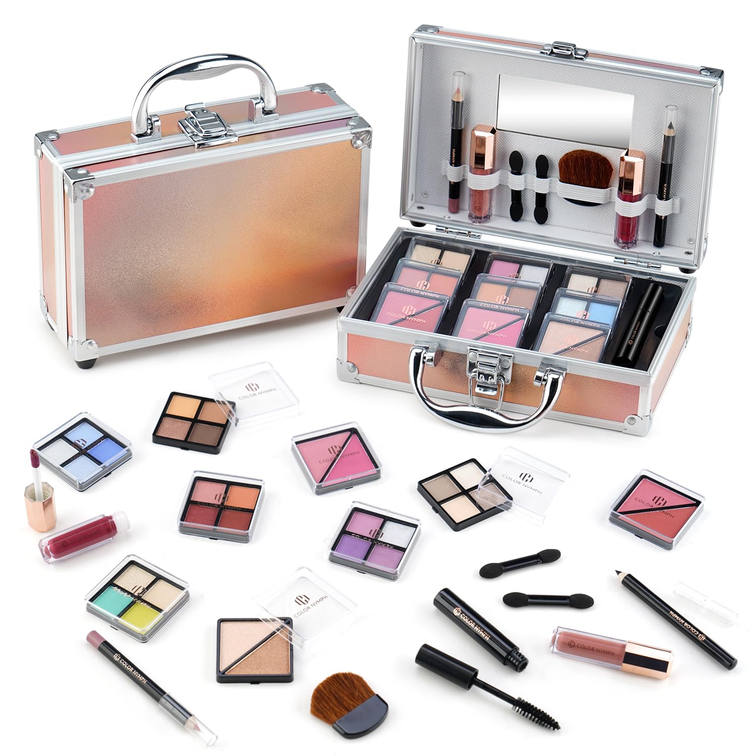 Color Nymph Beginner Makeup Kits For Teens With Train Case Included Full Makeup Kit Eyeshadow Palette Blushes Bronzer Highlighte