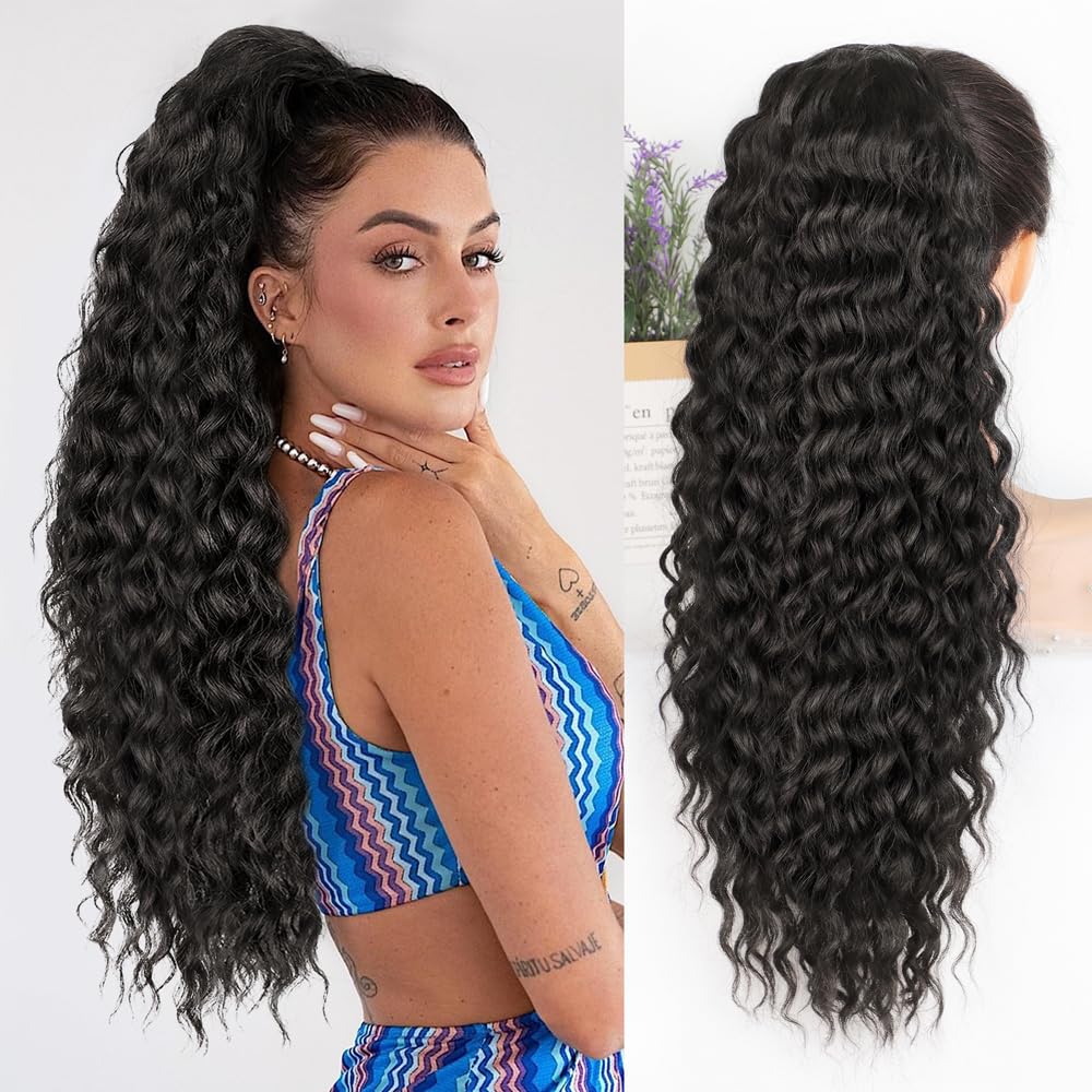 ALXNAN Wavy Curly Ponytail Extension, 26 Inch Black Brown Drawstring Ponytail for Black Women Short Soft Natural Synthetic Hairp