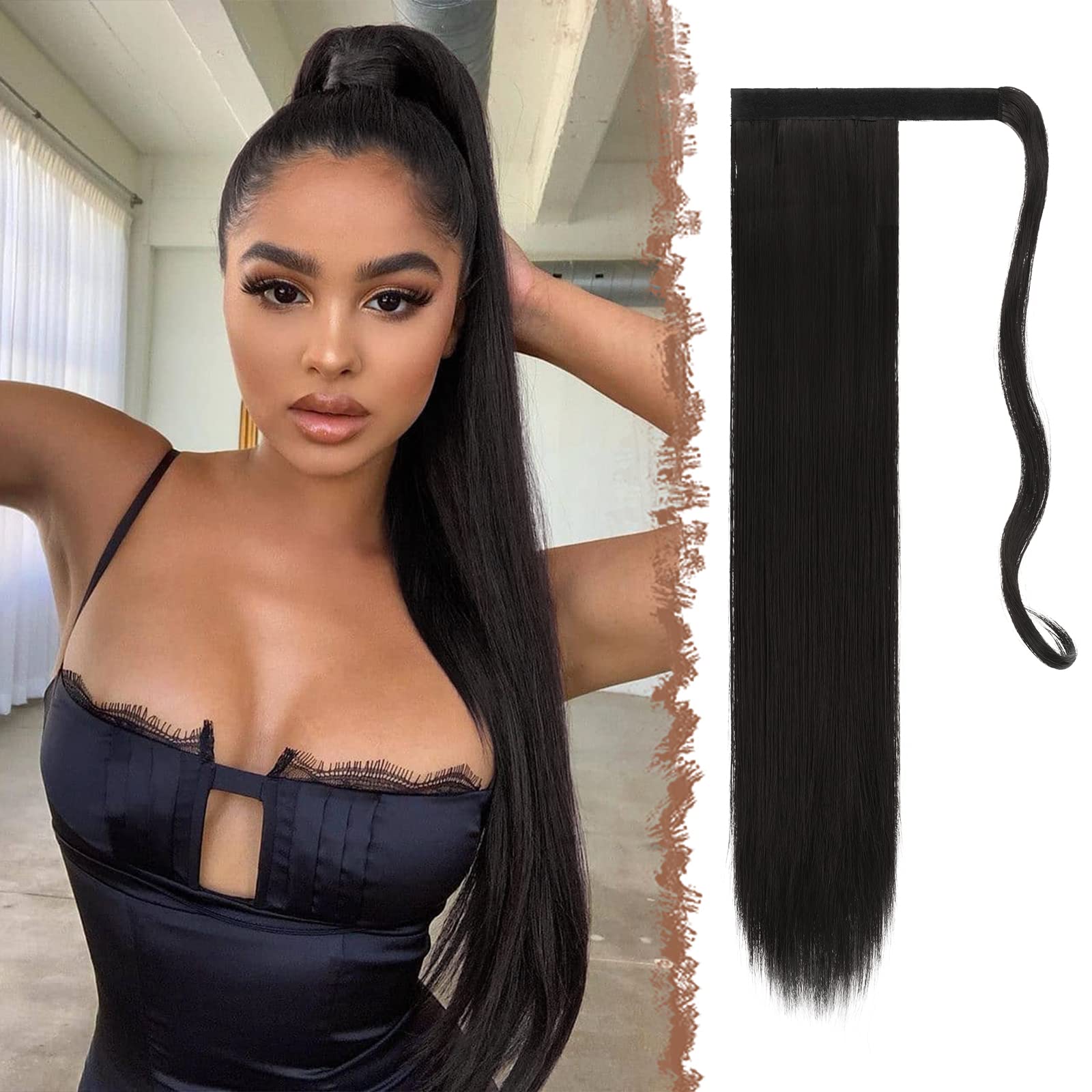 Feshfen Straight Long Ponytail Extensions 28 Inch Wrap Around Synthetic Natural Black Ponytails Hair Piece Pony Tail Hair Extens