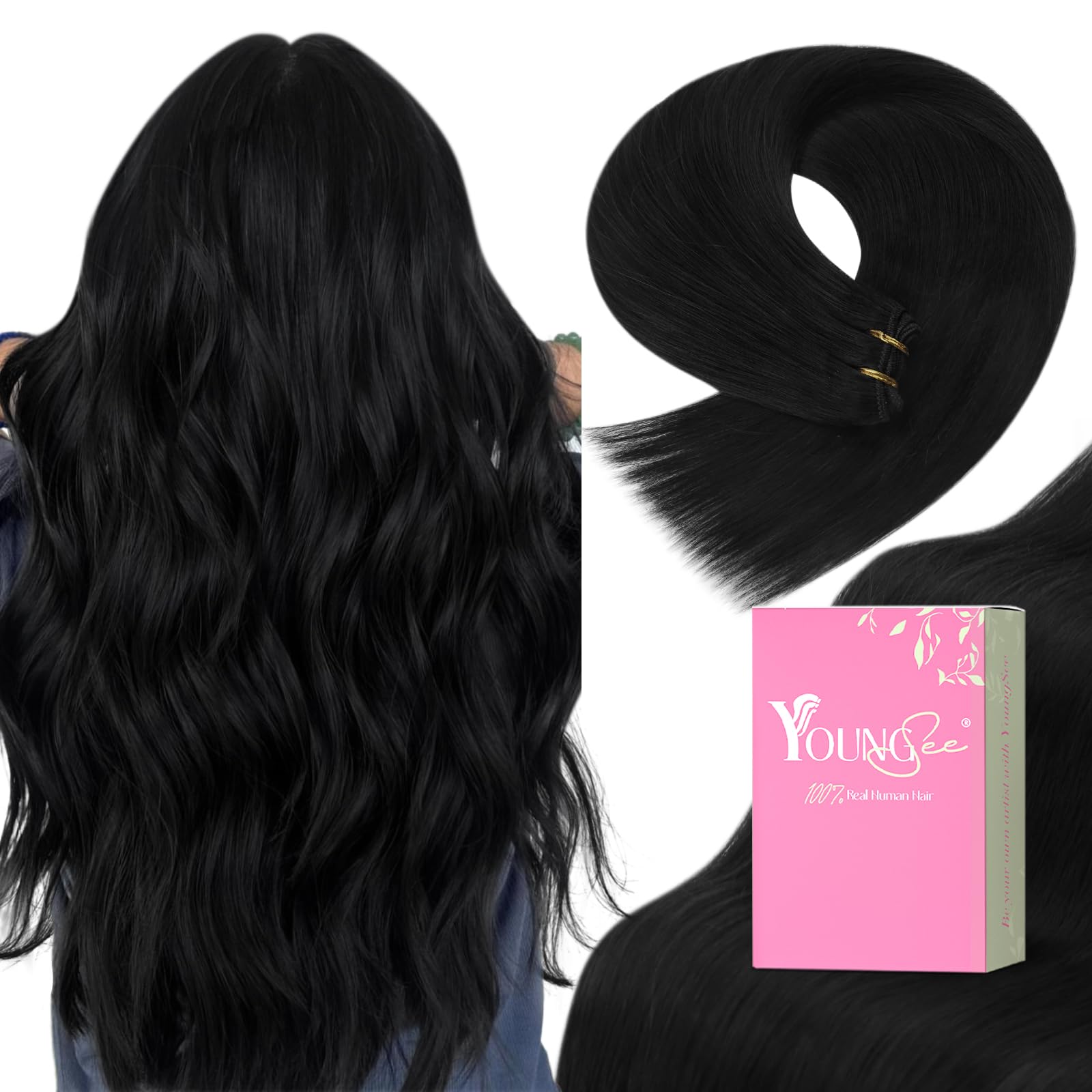 YoungSee Weft Extensions Human Hair Black Weft Hair Extensions Real Human Hair Black Sew in Human Hair Extensions Jet Black Soft