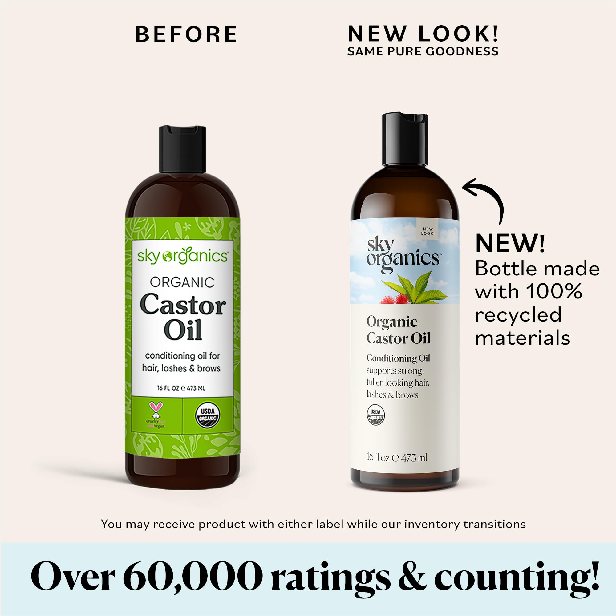 Sky Organics Castor Oil (2X16Oz) Usda Organic Cold-Pressed Unrefined100% Pure Hexane-Free Castor Oil Conditioning & Healing For