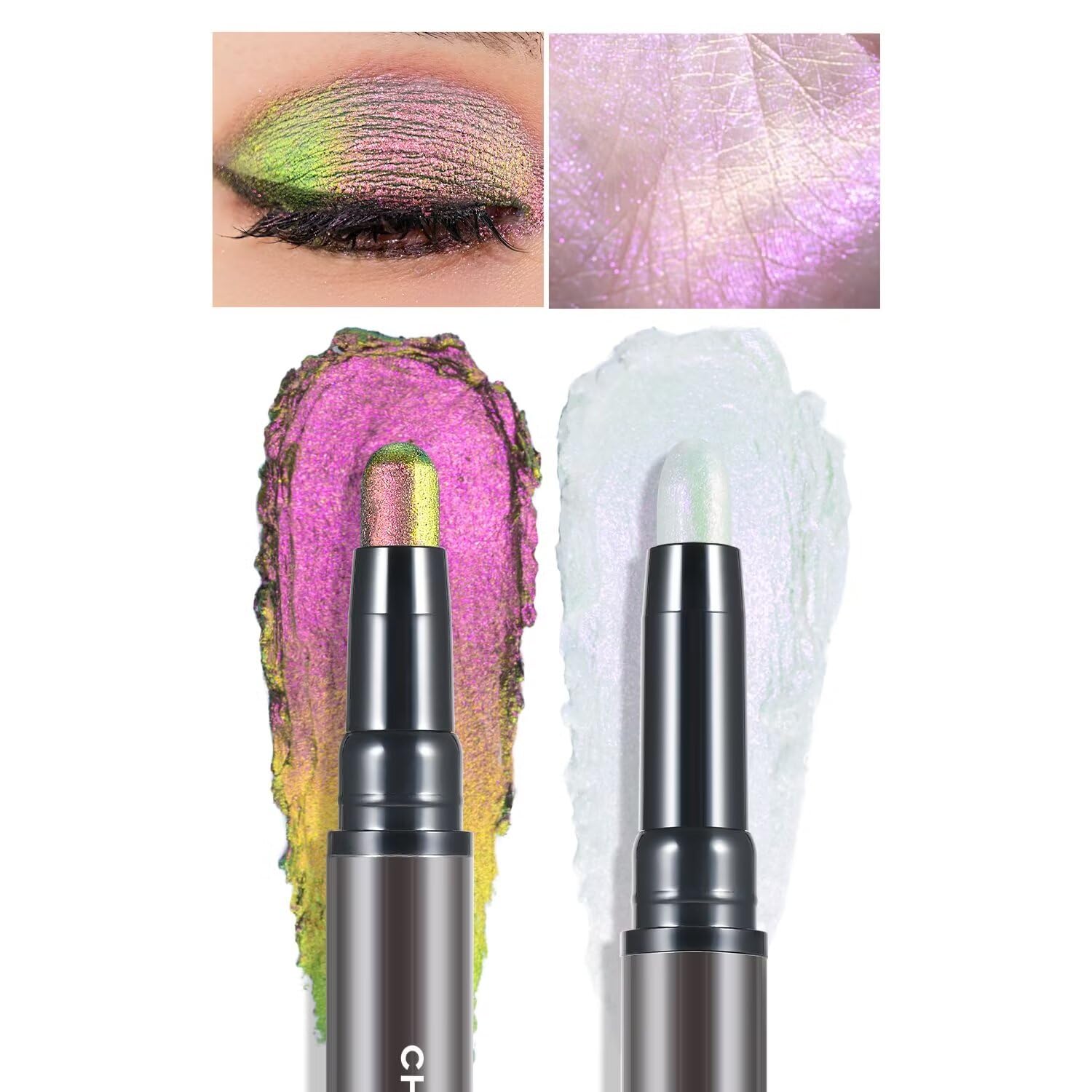 Charmacy Multichrome 2 In 1 Cream Eyeshadow Stick, Waterproof Eye Brightener Highlighter Stick Makeup, High Pigmented, Smudge-Pr