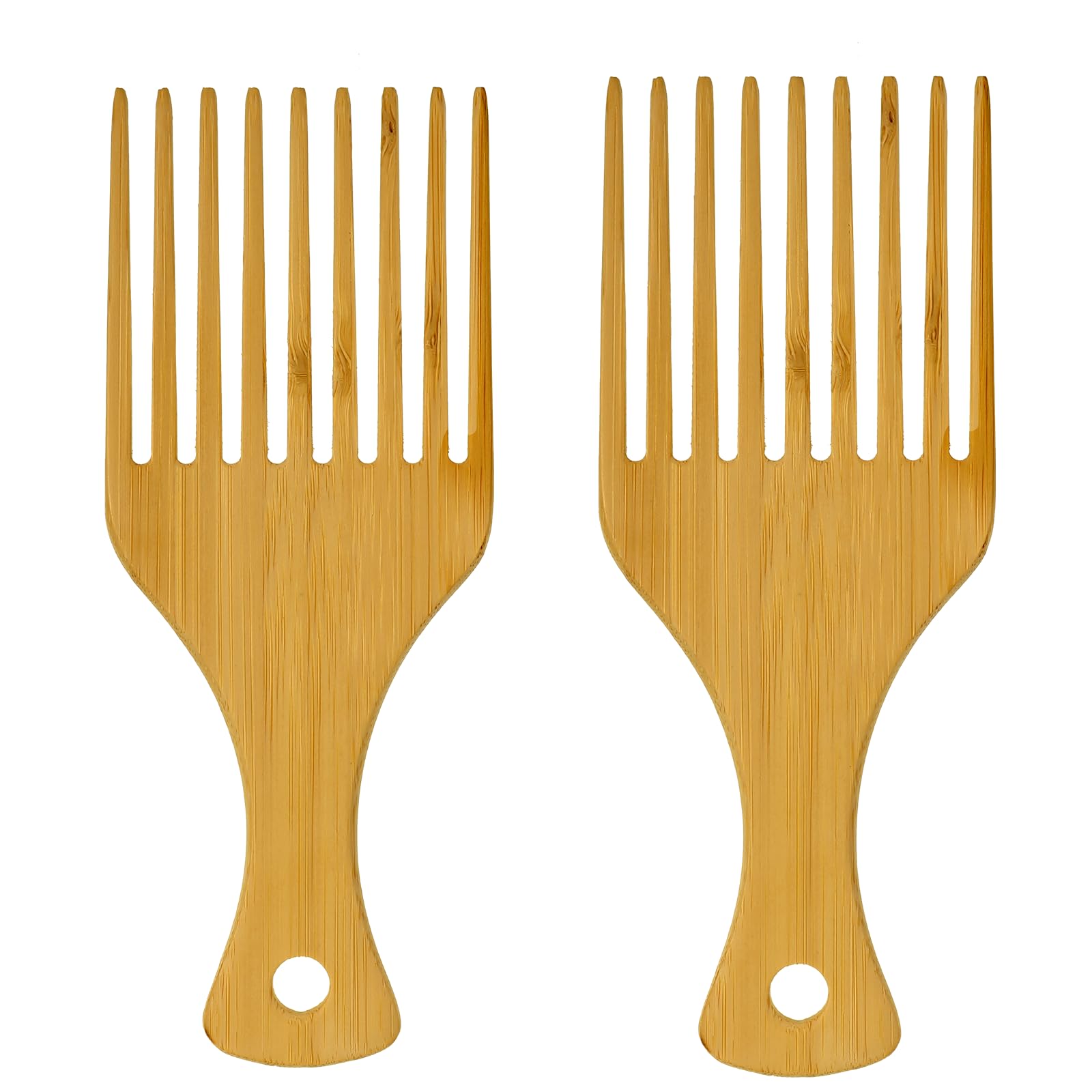 2 Pack Bamboo Afro Hair Pick Comb Set, Natural AntiStatic Wide Tooth Detangling Combs for Curly, Thick Long Hairs 9 Teeth Woode