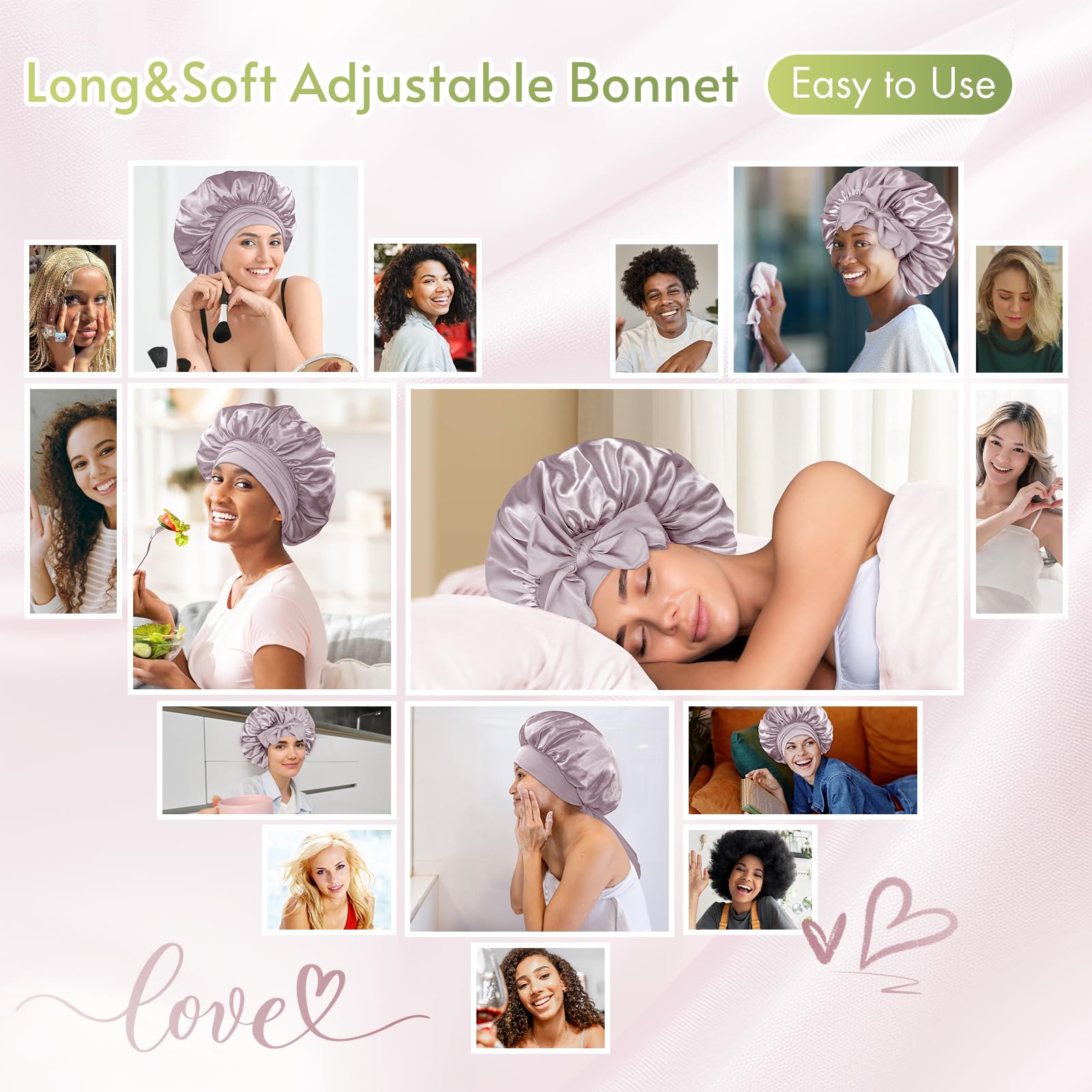 BONNET QUEEN Silk Bonnet for Sleeping Women Satin Bonnet Hair Bonnet Night Sleep Cap for Curly Hair with tie Band Lilac Grey
