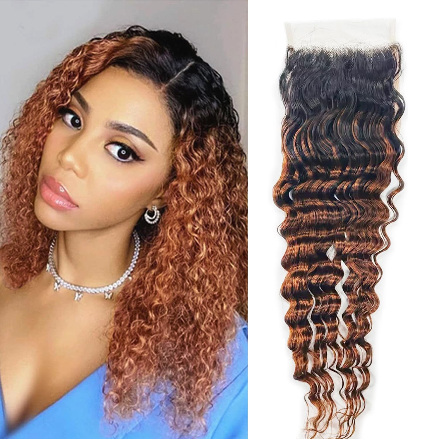 1b/30 Closure 4X4 HD Transparent Lace Deep Wave Curly Ombre High Density Black Brown Human Hair Brazilian Unprocessed Virgin Hai