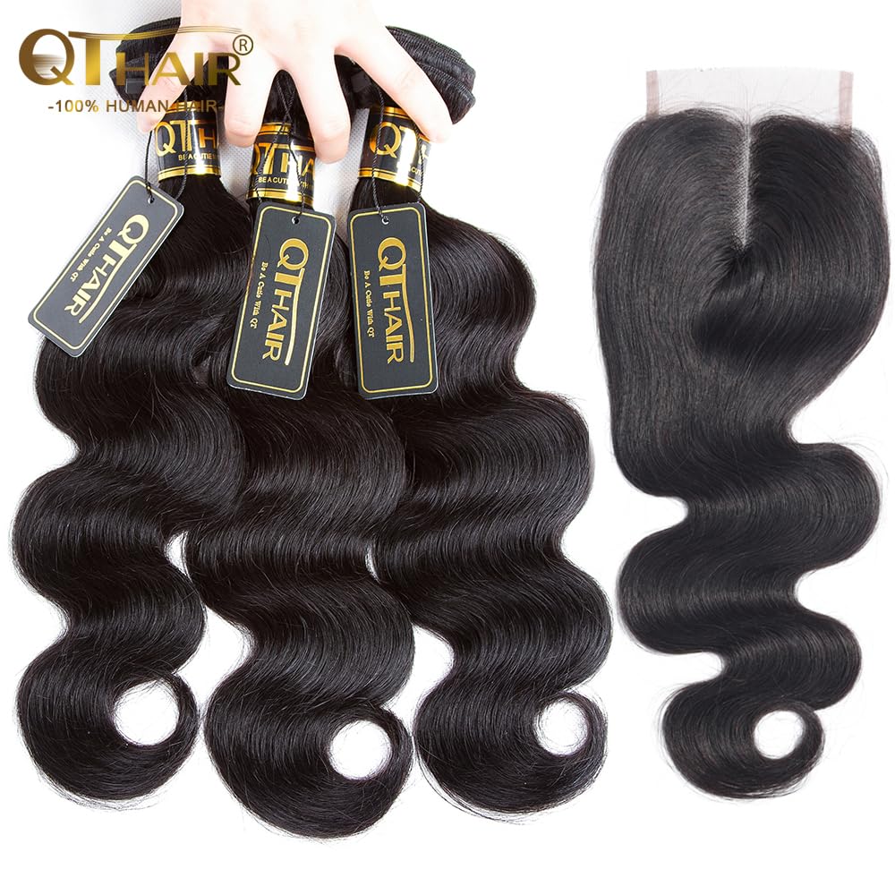 Qthair 14A Brazilian Human Hair Body Wave With 4X4 Middle Part Lace Closure(14 16 18 With 12 Inch,Natural Black) 100% Unprocesse