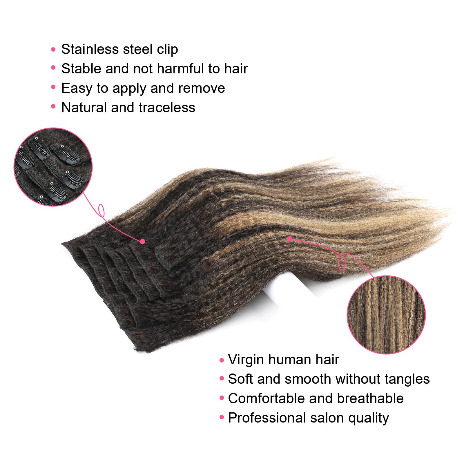Abh Amazingbeauty Hair Kinky Straight Clip In Hair Extensions Rooted Black Piano Natural Black #1B Fading Into Caramel Blonde #2
