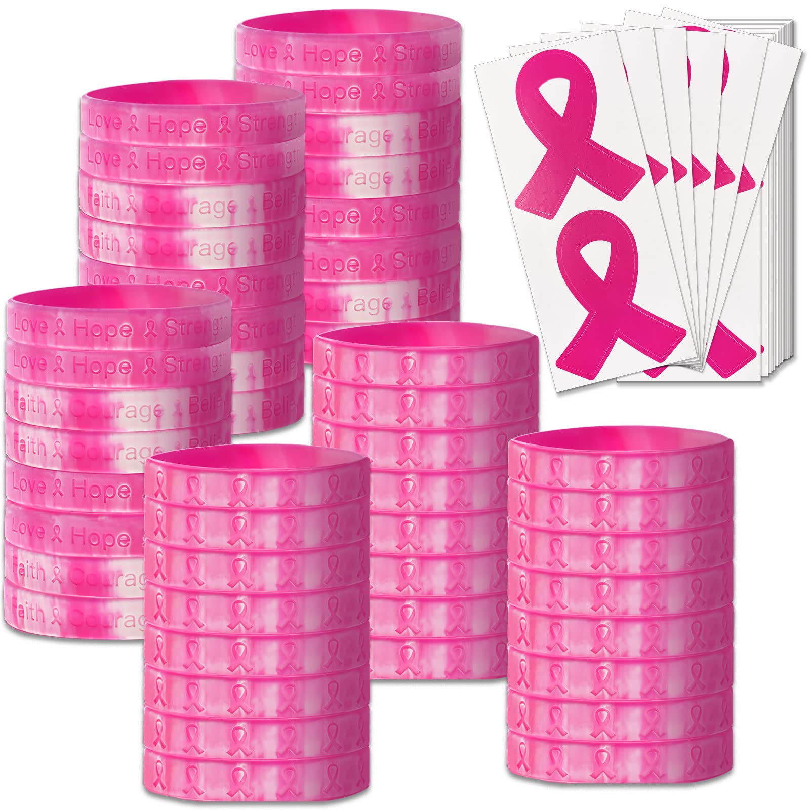 Bundle of 48 Pcs Die Cut Pink Ribbon Stickers and 48 Pcs Pink Ribbon Camouflage Breast Cancer Awareness Bracelets in 2 designs, 