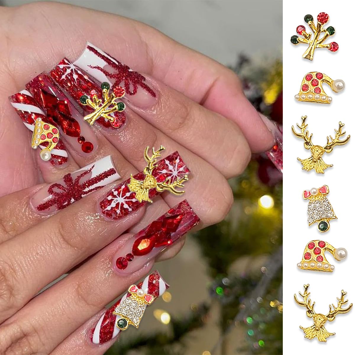 17Pcs Christmas Nail Charms Gold 3D Alloy Reindeer Snowflake Santa Claus Nail Art Charms Shiny Red Green Nail Rhinestones Bling