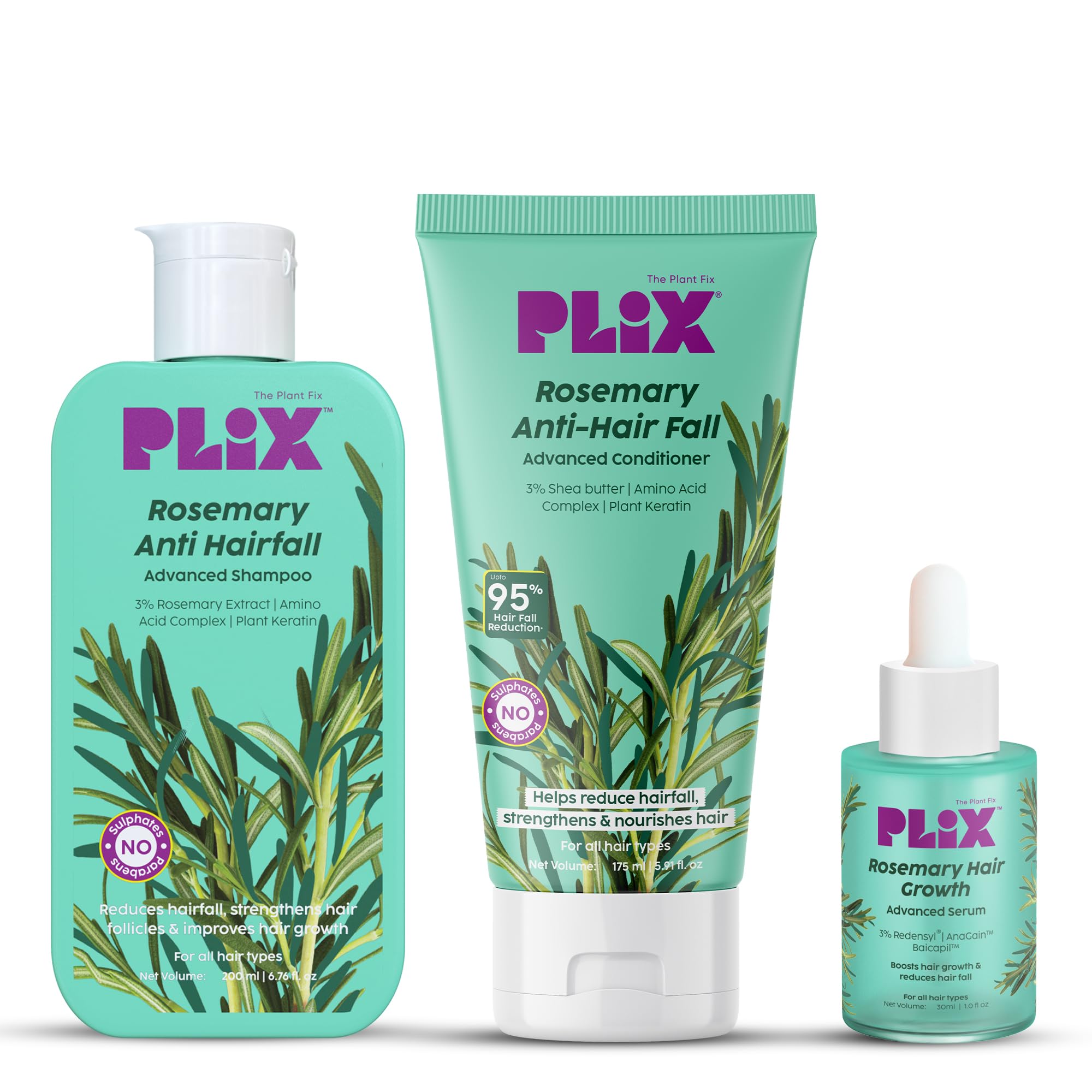 Plix  The Plant Fix L Rosemary Anti Hairfall Regime Combo With 3% Redensyl Serum, Shampoo & Conditioner L Reduces Hair Fall & S